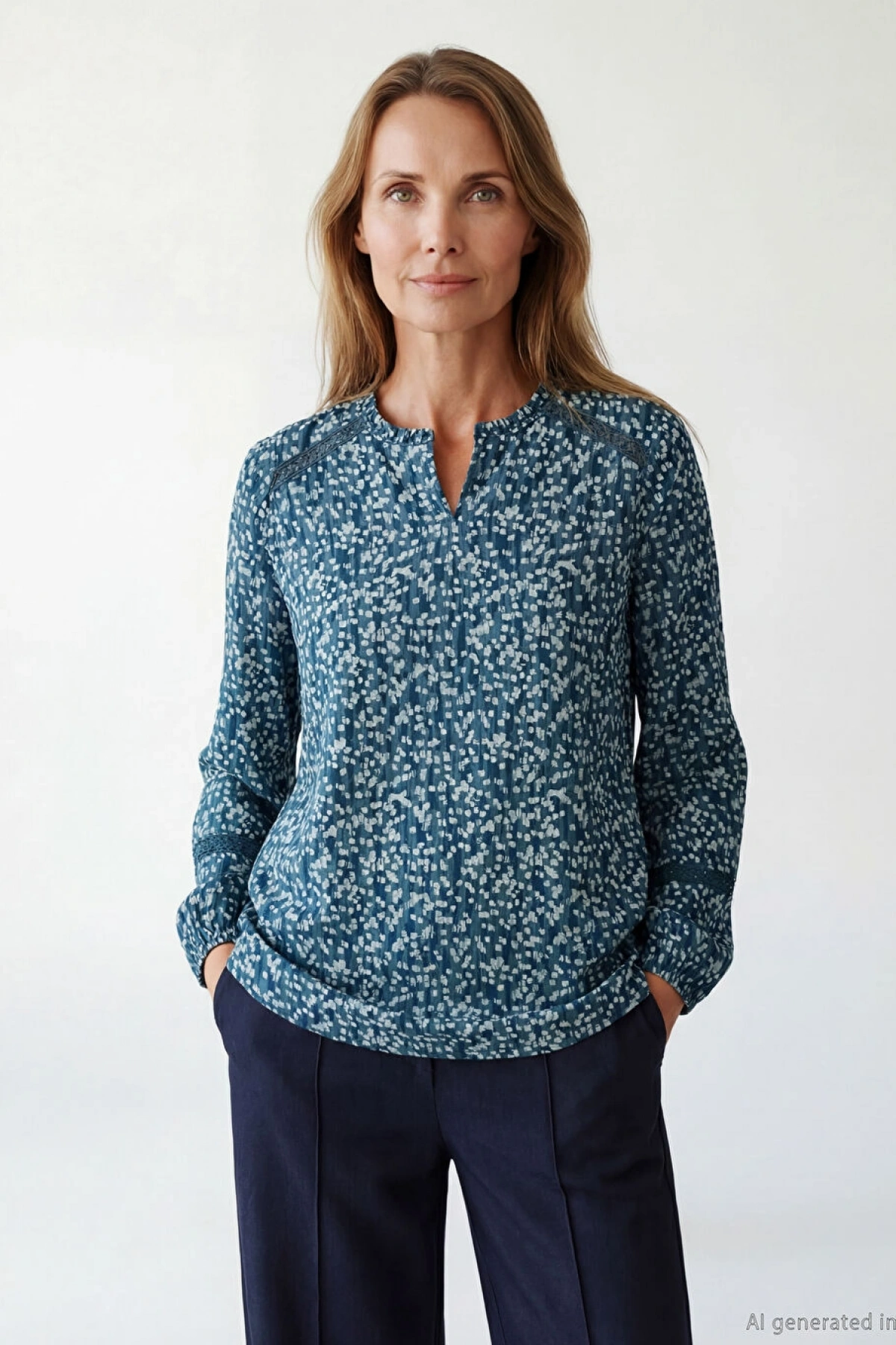 LCW Grace Mavi Kaçık Yaka Desenli Bluz