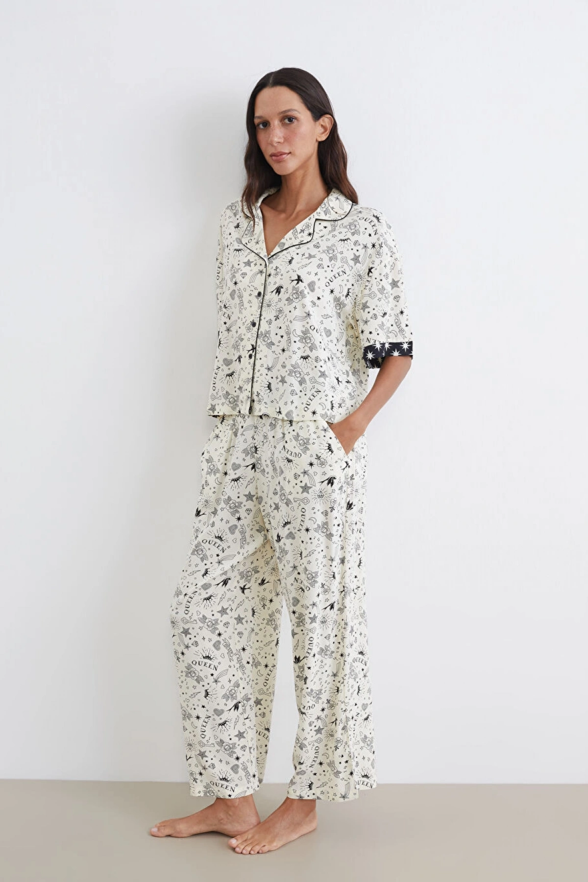 LCW DREAM Ekru Gömlek Yaka Baskılı Kadın Pijama Takım