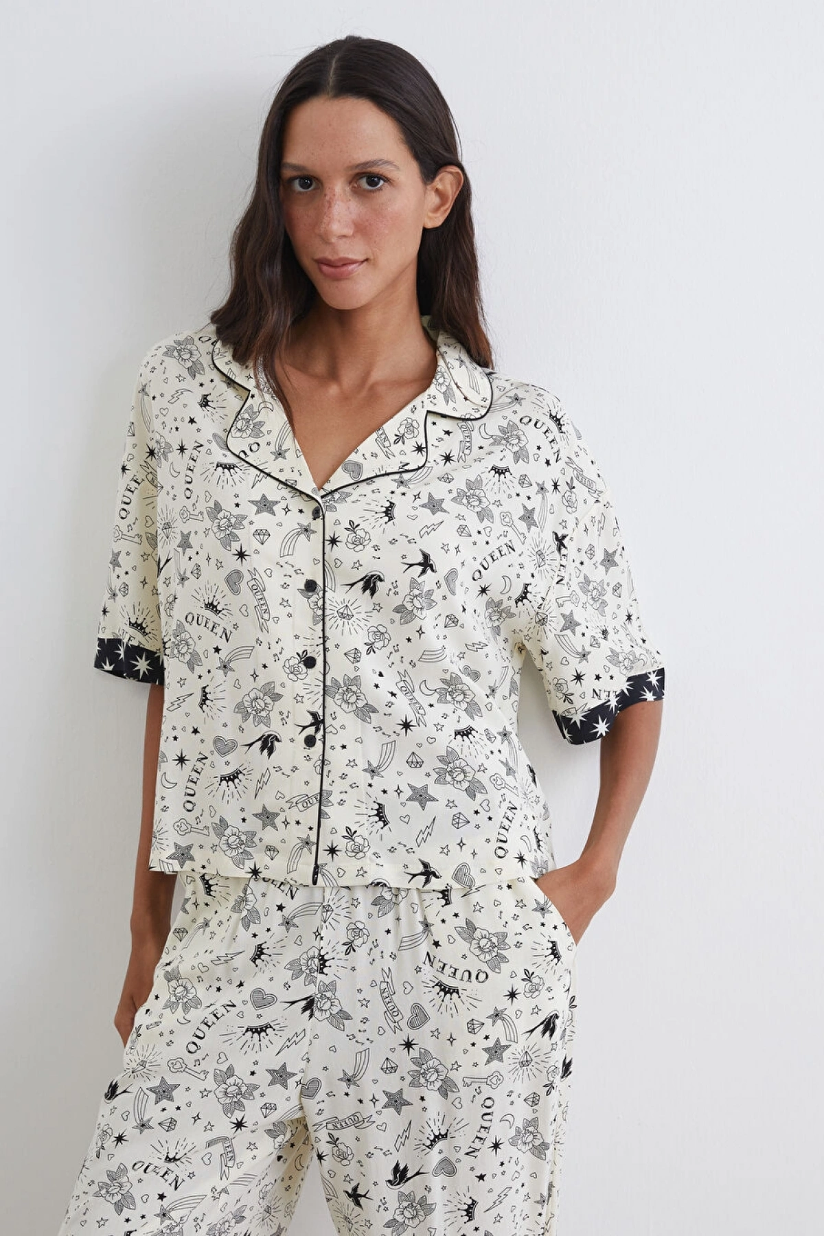 LCW DREAM Ekru Gömlek Yaka Baskılı Kadın Pijama Takım