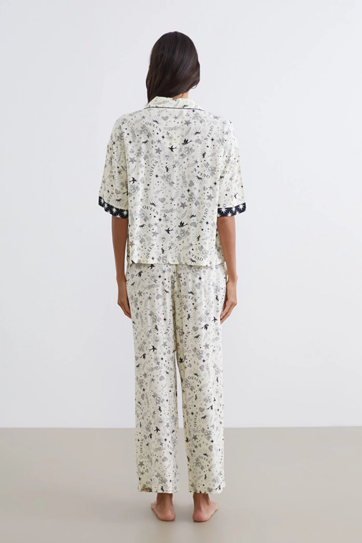 LCW DREAM Ekru Gömlek Yaka Baskılı Kadın Pijama Takım