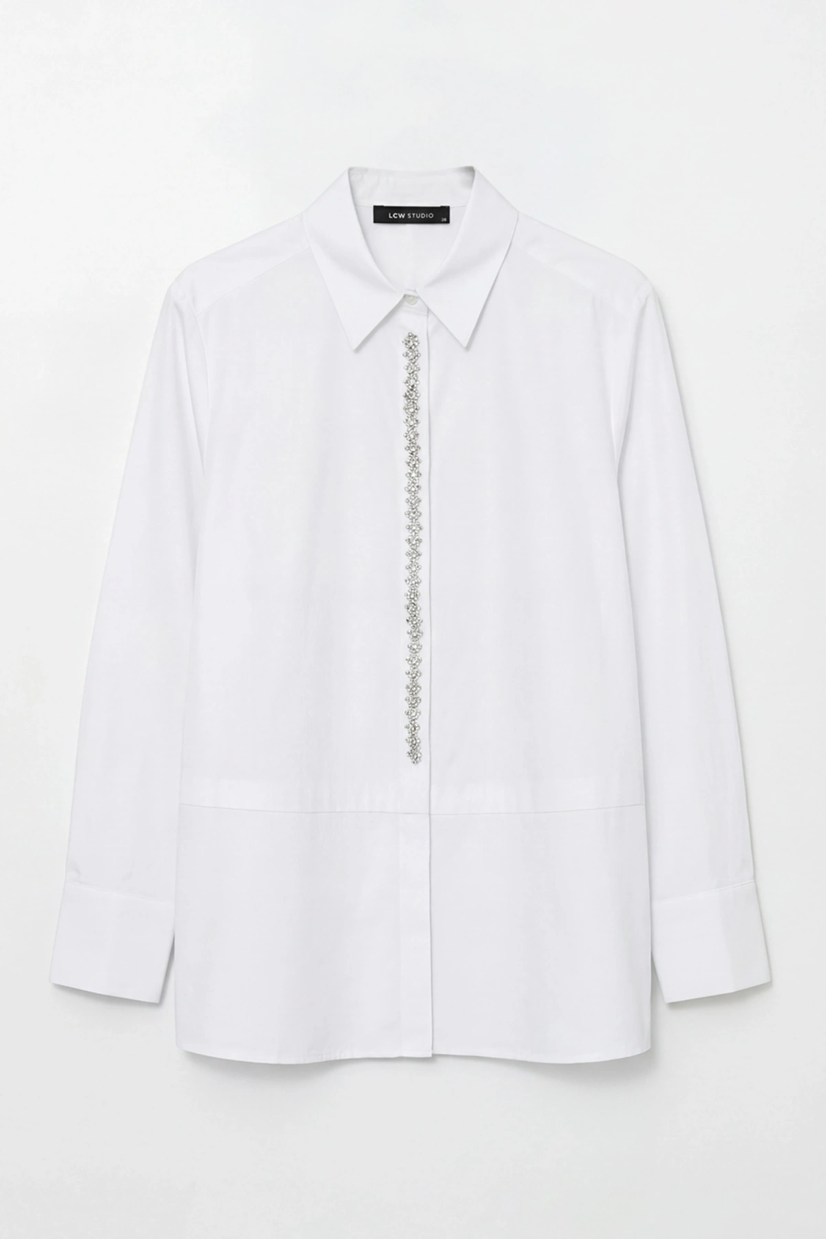 LCWAIKIKI Classic Beyaz Taşlı Oversize Poplin Kadın Gömlek