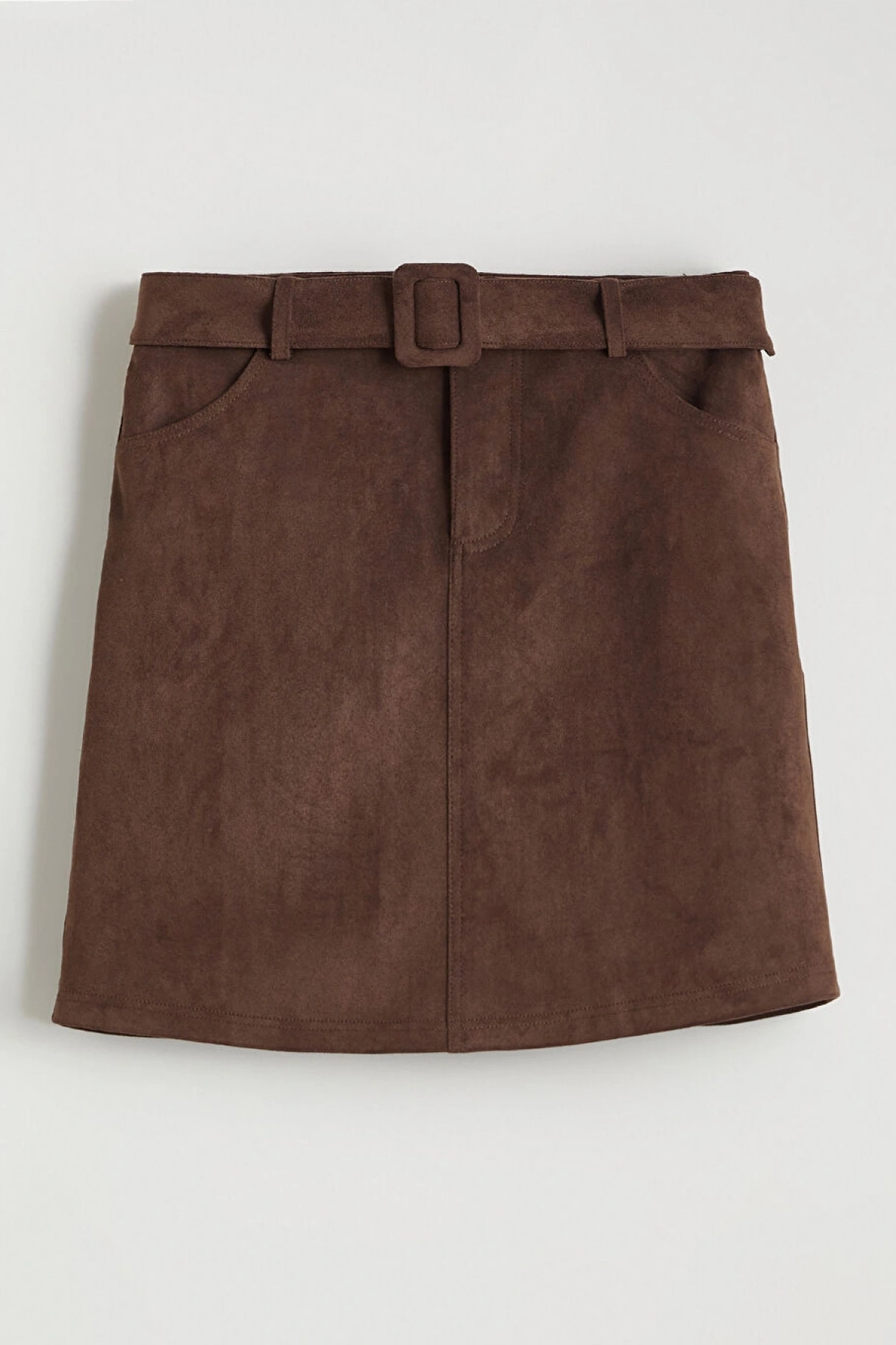 XSIDE Kahverengi Beli Kemerli Süet Görünümlü Mini Etek
