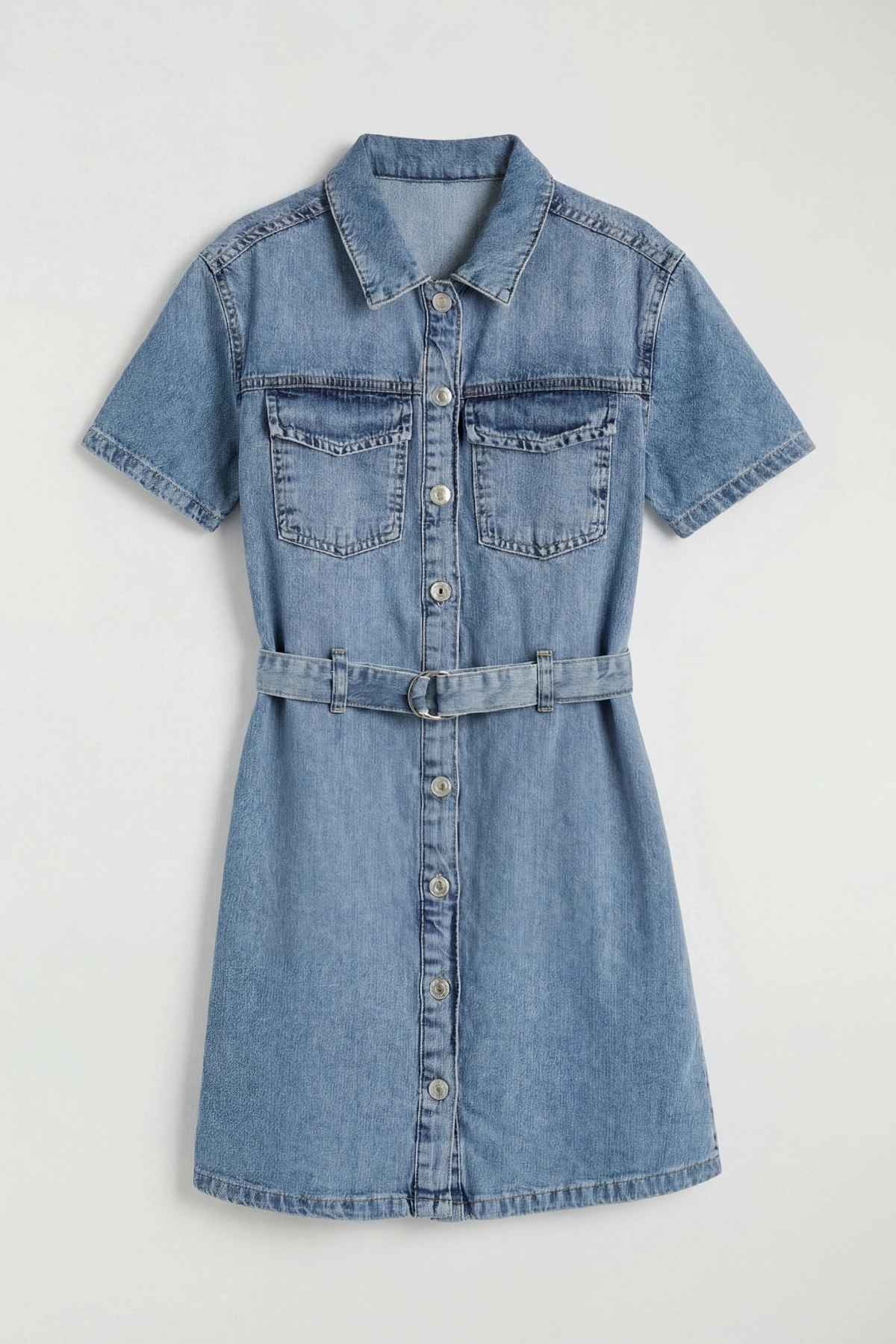 LCW Kids Mavi Gömlek Yaka Kısa Kollu Kız Çocuk Jean Elbise