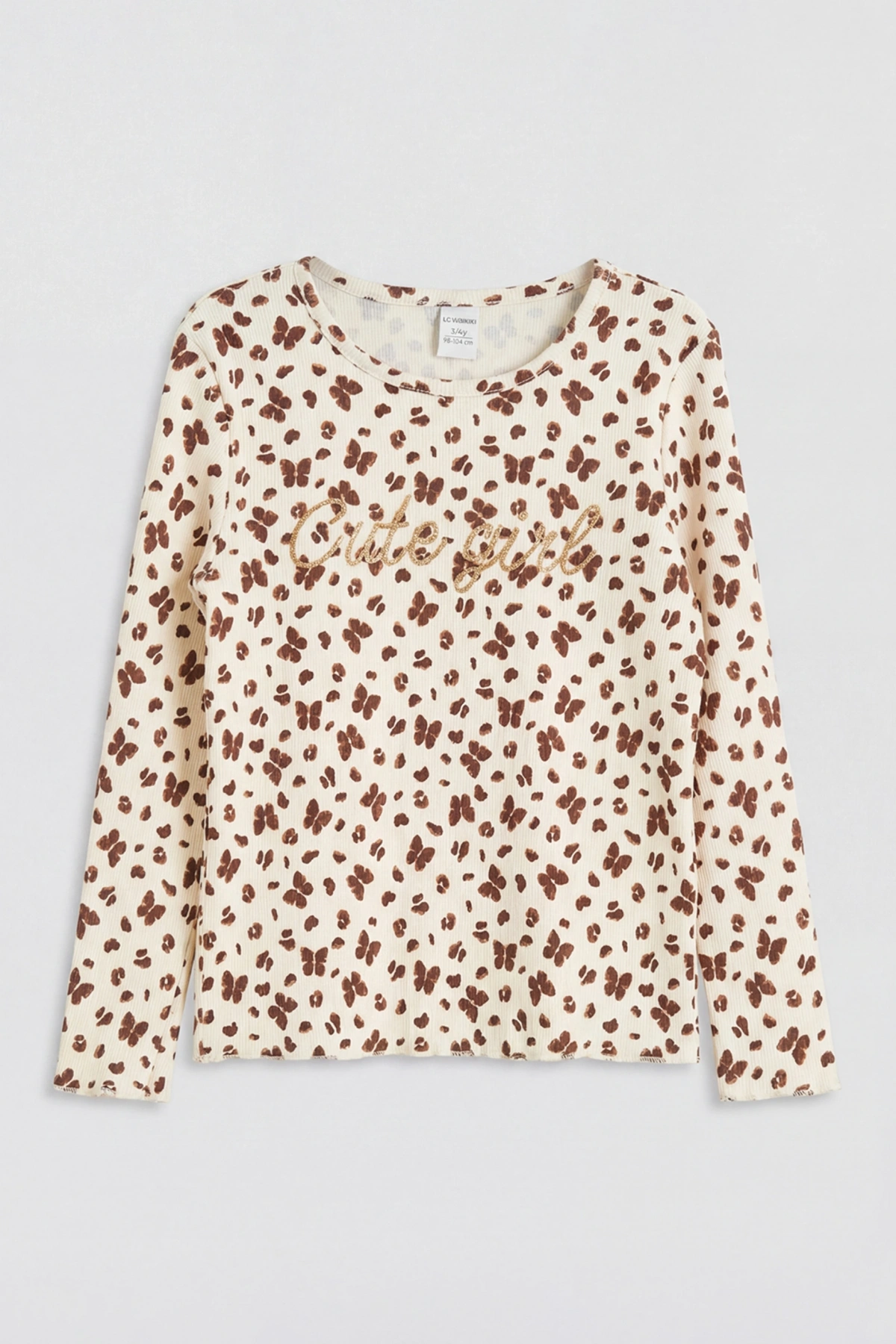 LCW Kids Ekru Bisiklet Yaka Baskılı Kız Çocuk Tişört