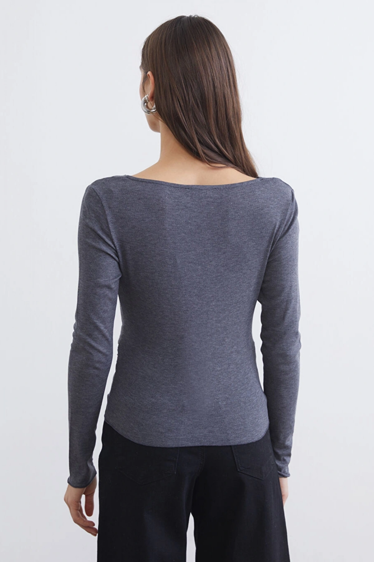 LCW Vision Antrasit Dökümlü Yaka Büzgülü Bluz