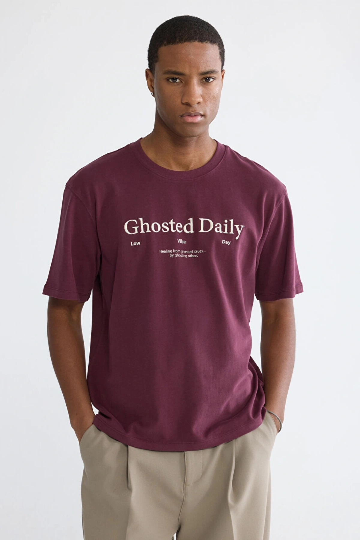 XSIDE Bordo Bisiklet Yaka Baskılı Penye Erkek Tişört