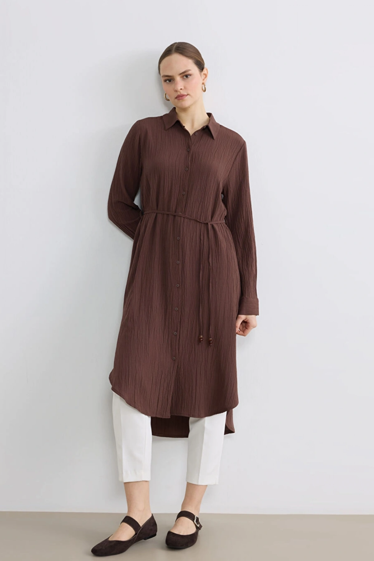 LCWAIKIKI Classic Kahverengi Dokulu Oversize Kadın Gömlek Tunik