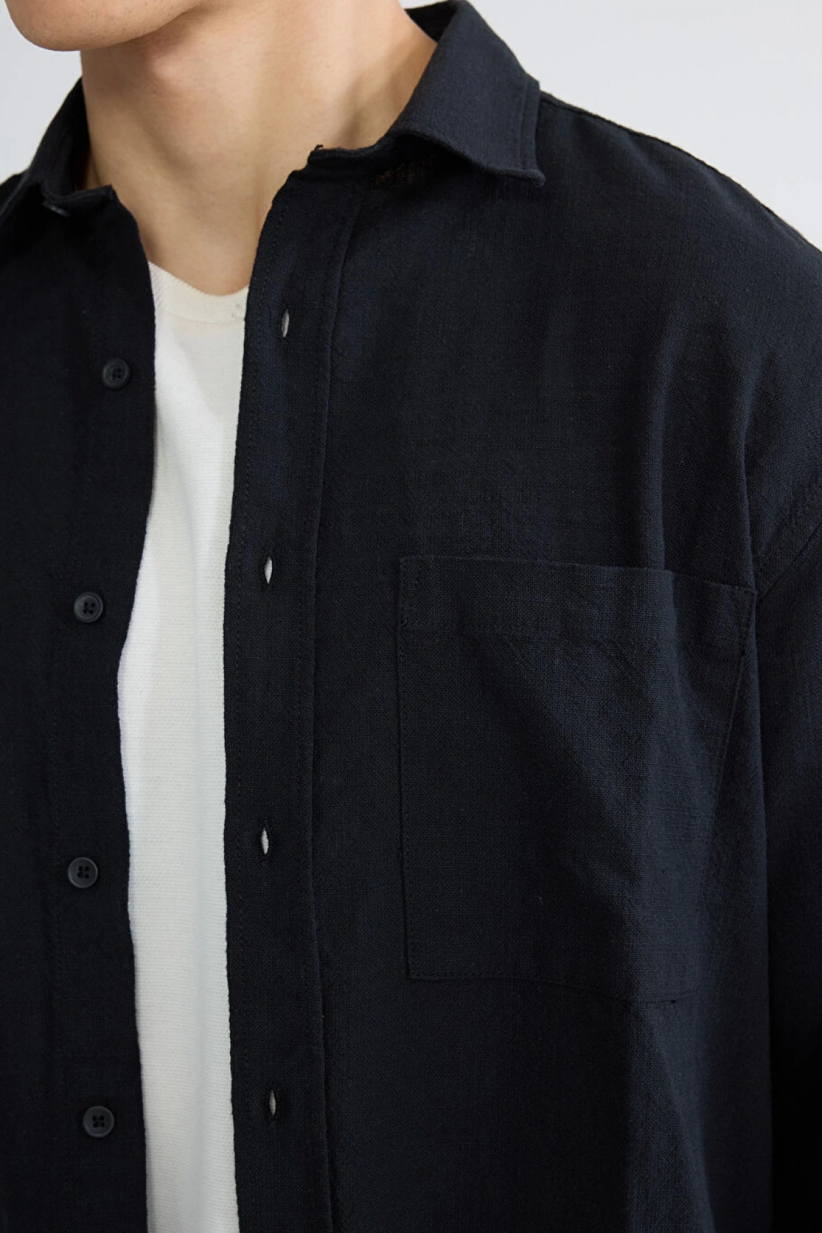 XSIDE Siyah Regular Fit Erkek Keten Görünümlü Gömlek