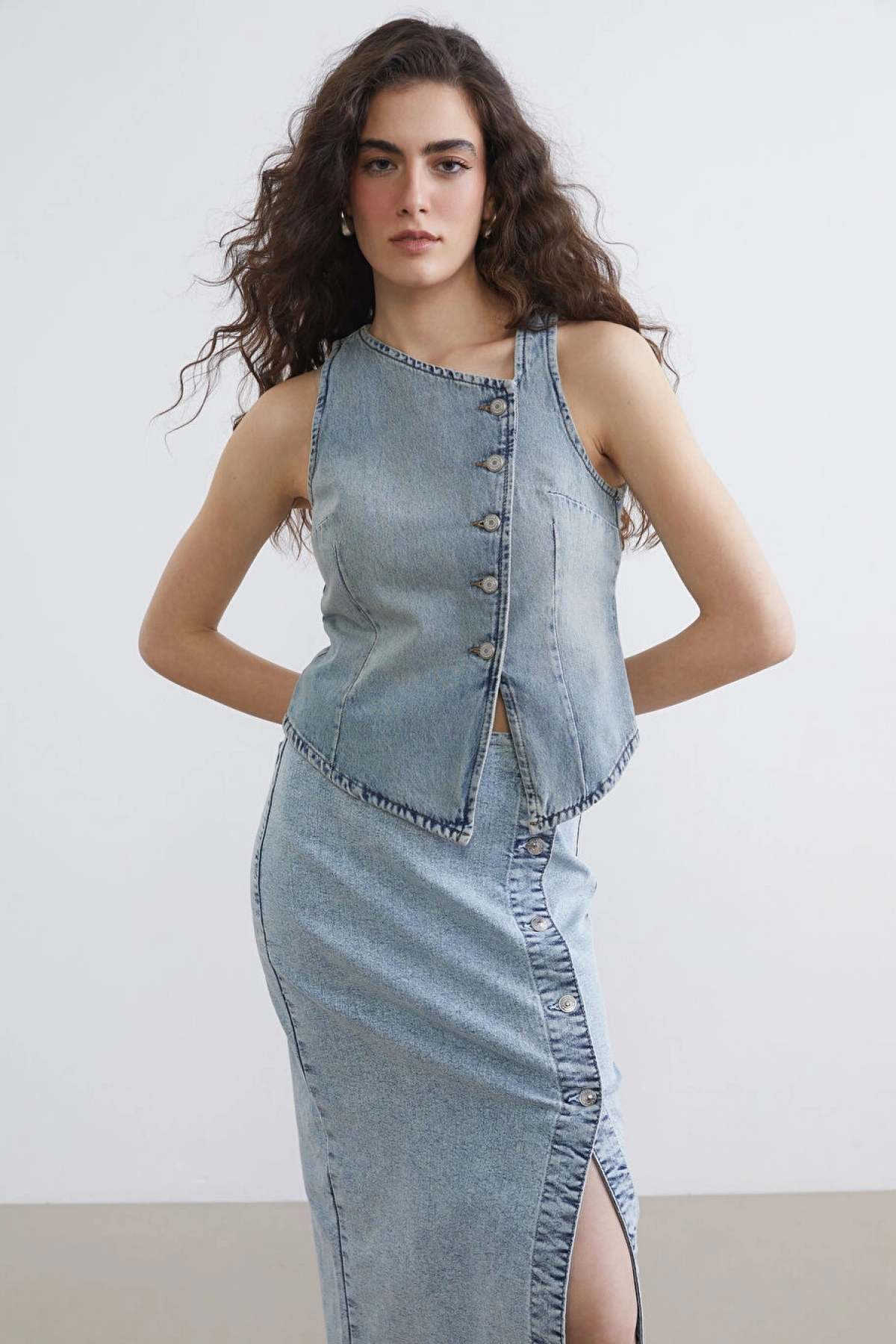 LCW Vision Indigo Kayık Yaka Kadın Jean Yelek