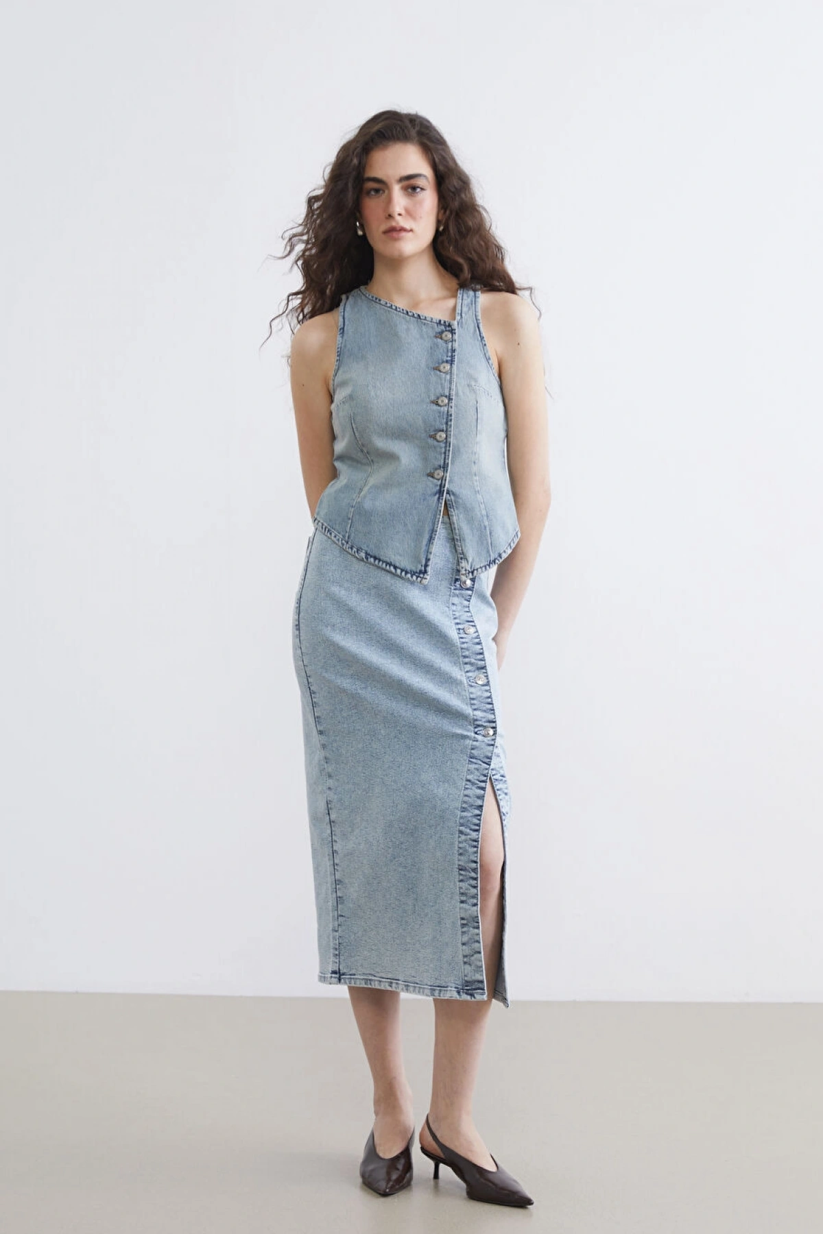 LCW Vision Indigo Kayık Yaka Kadın Jean Yelek