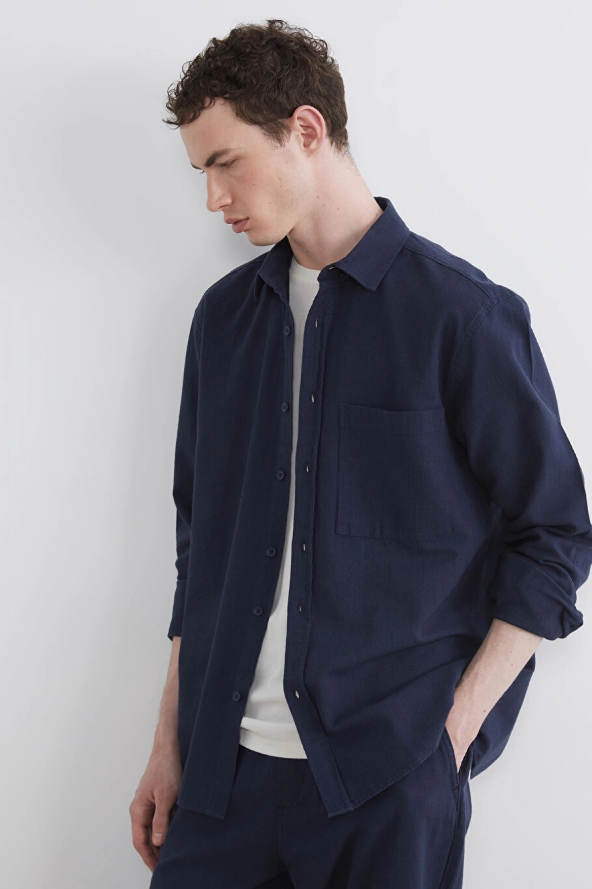 XSIDE Lacivert Regular Fit Erkek Keten Görünümlü Gömlek