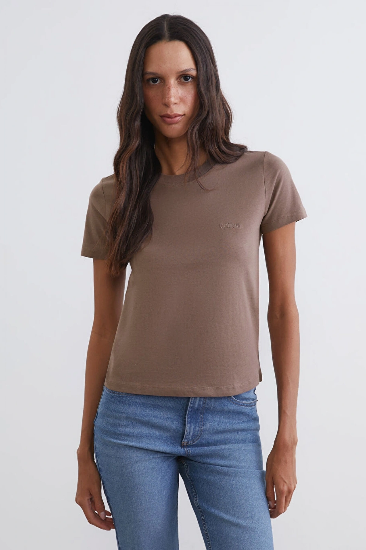 LCW Vision Kahverengi Bisiklet Yaka Kadın Tişört