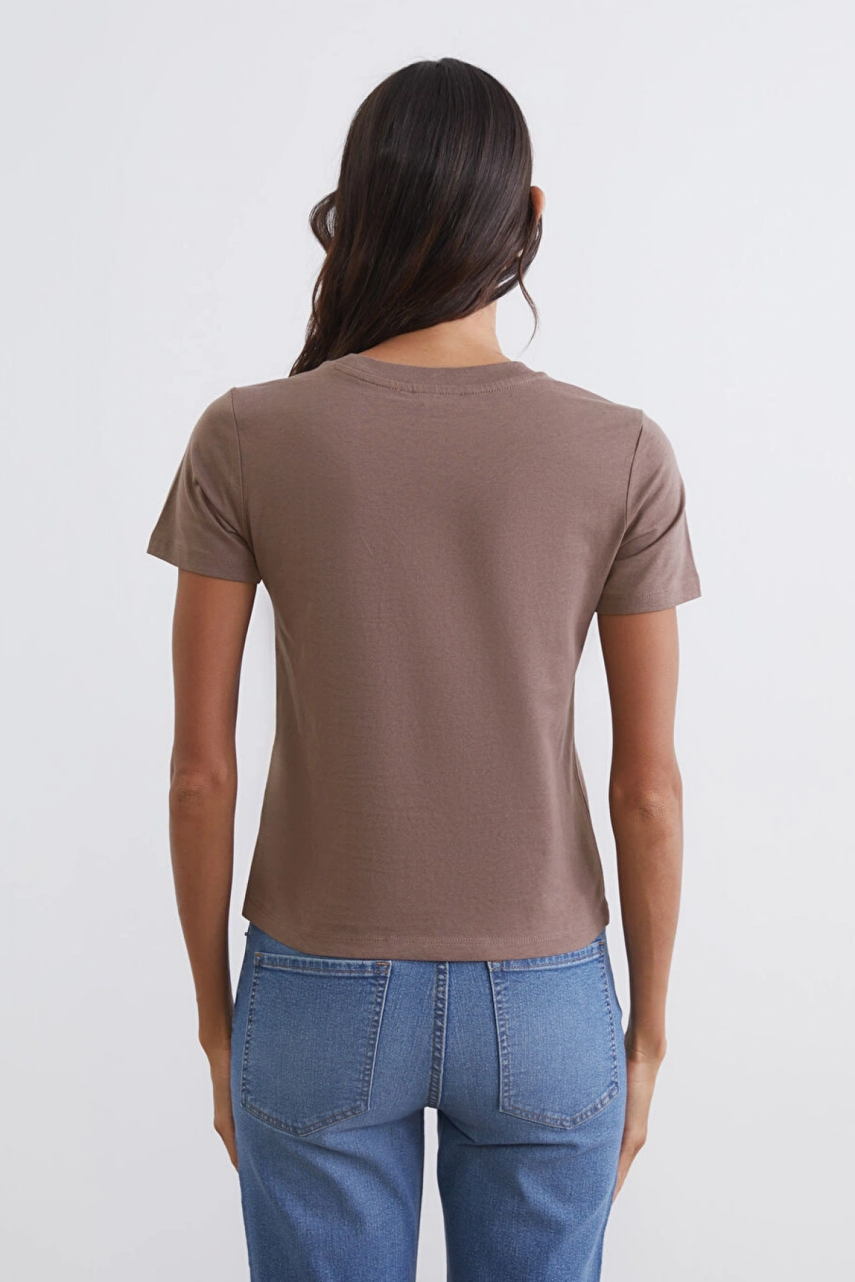 LCW Vision Kahverengi Bisiklet Yaka Kadın Tişört