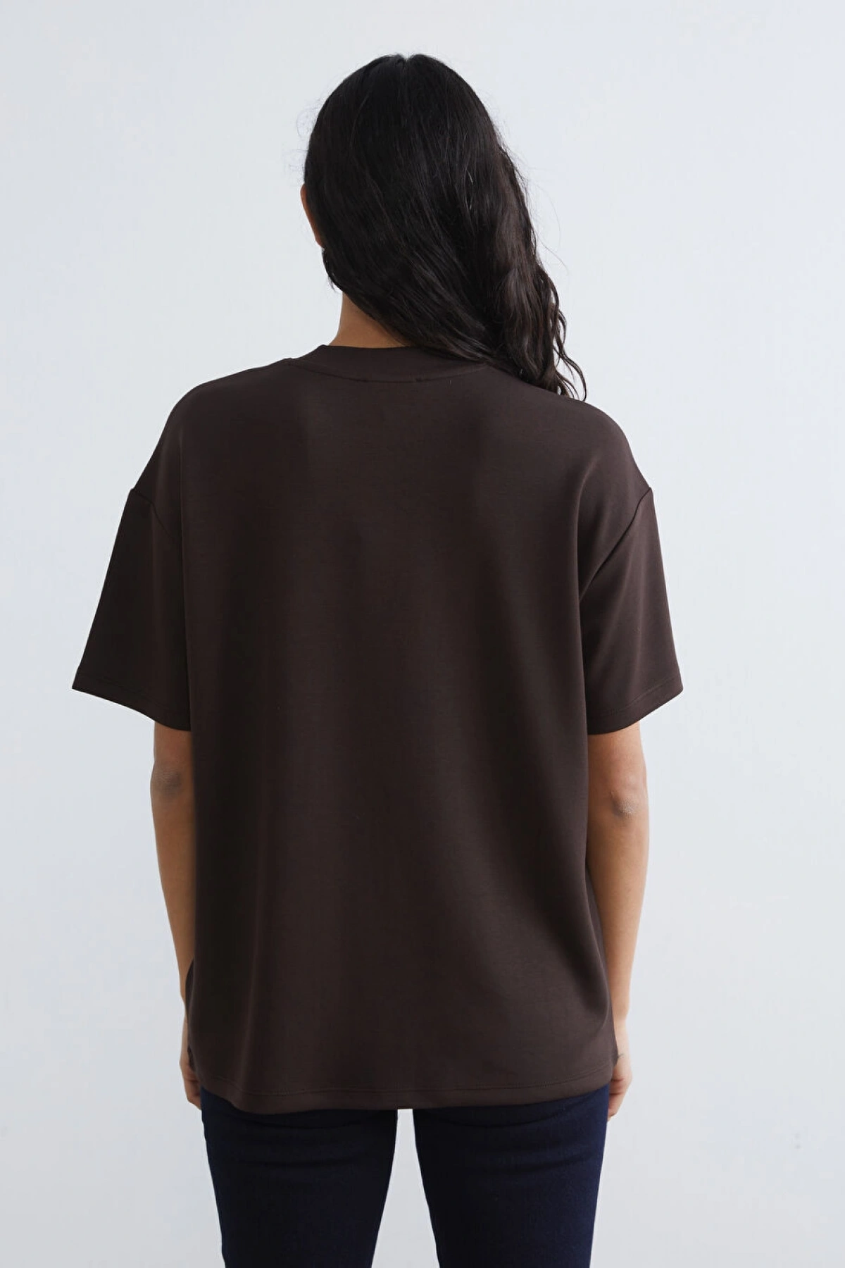 LCW Modest Kahverengi Bisiklet Yaka Baskılı Kadın Tişört