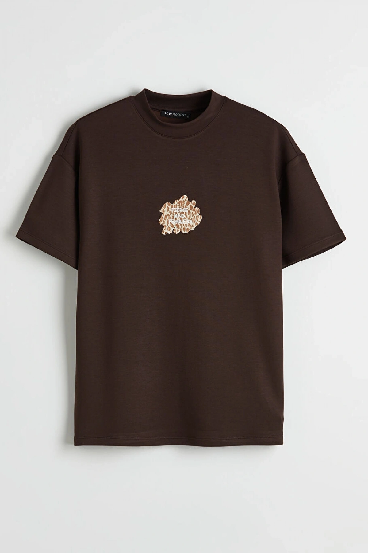LCW Modest Kahverengi Bisiklet Yaka Baskılı Kadın Tişört