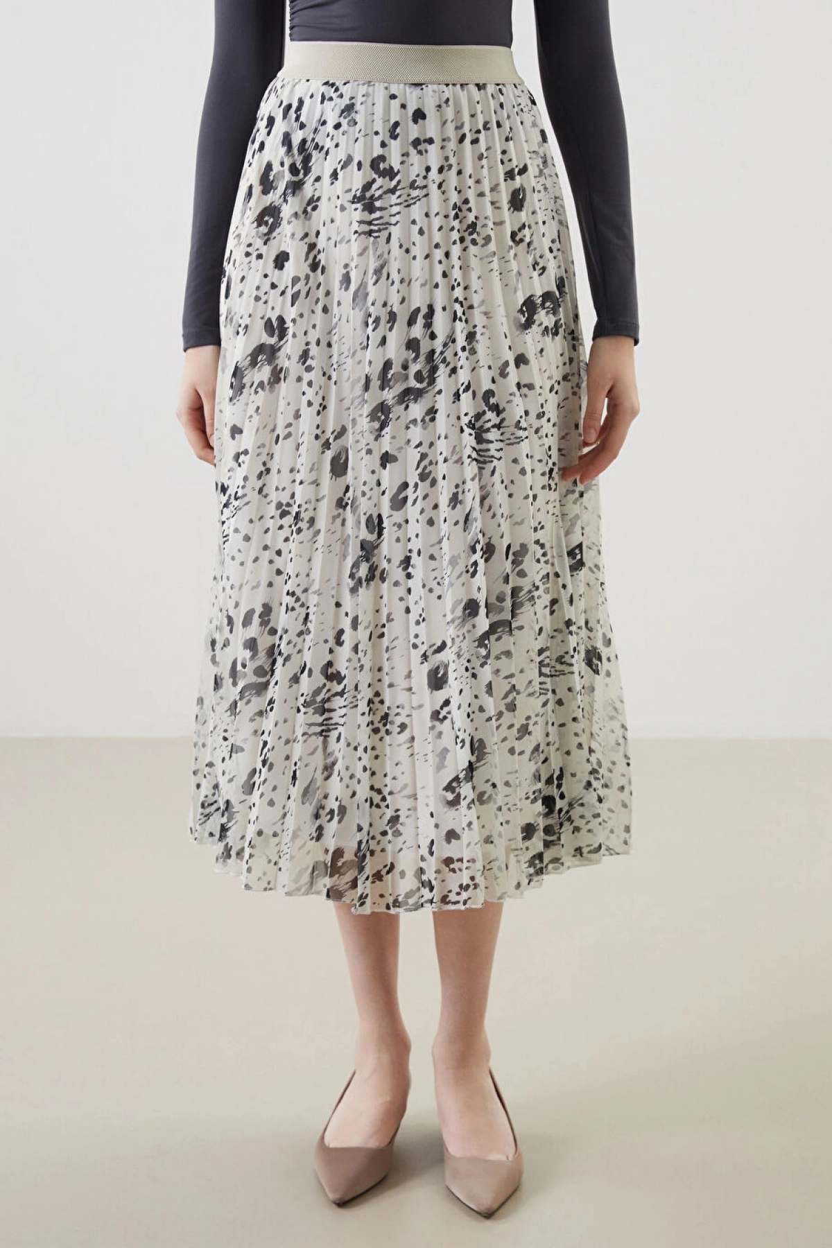 LCW Modest Bej Beli Lastikli Desenli Şifon Kadın Pileli Etek