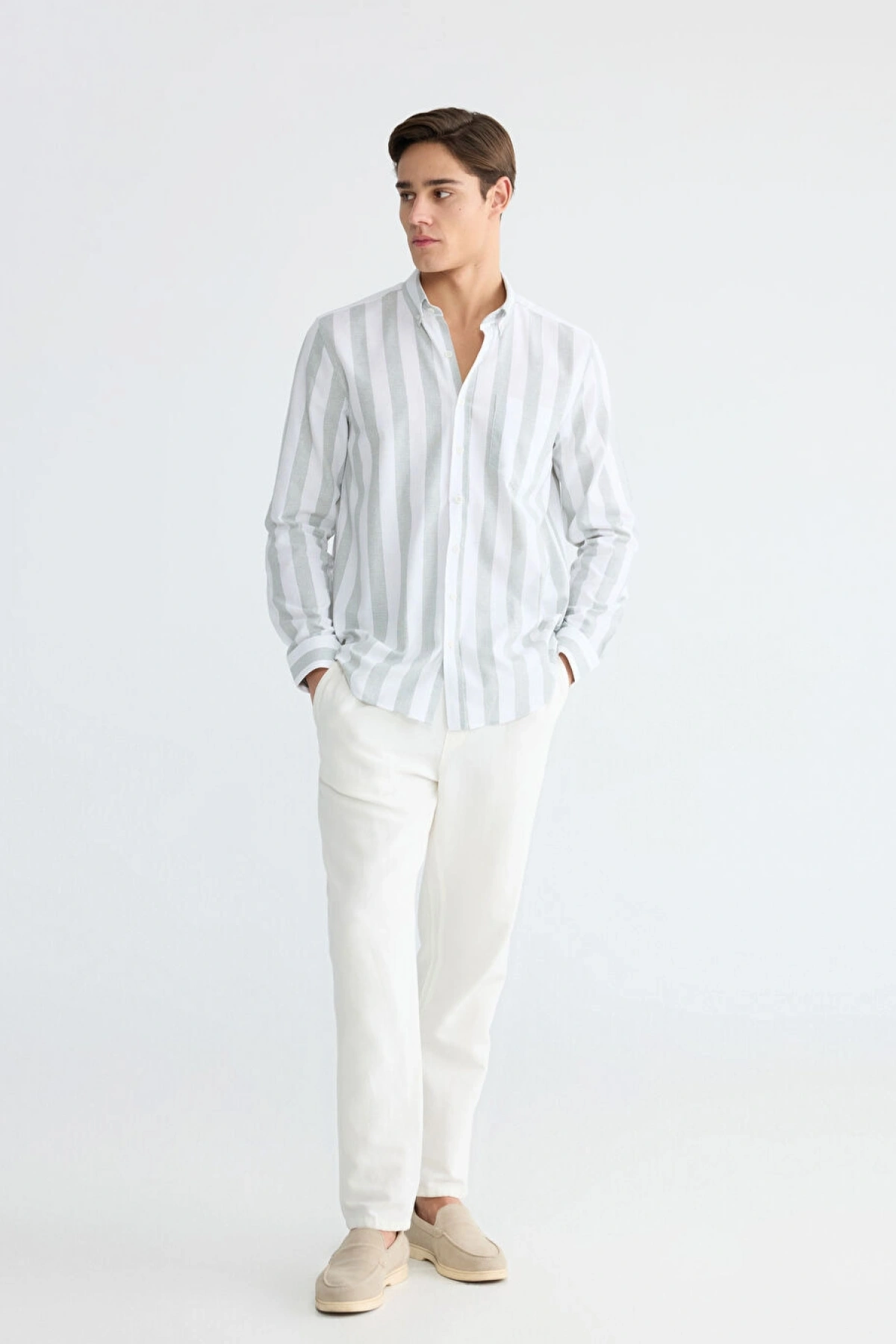 LCWAIKIKI Classic Yeşil Regular Fit Çizgili Armürlü Erkek Gömlek