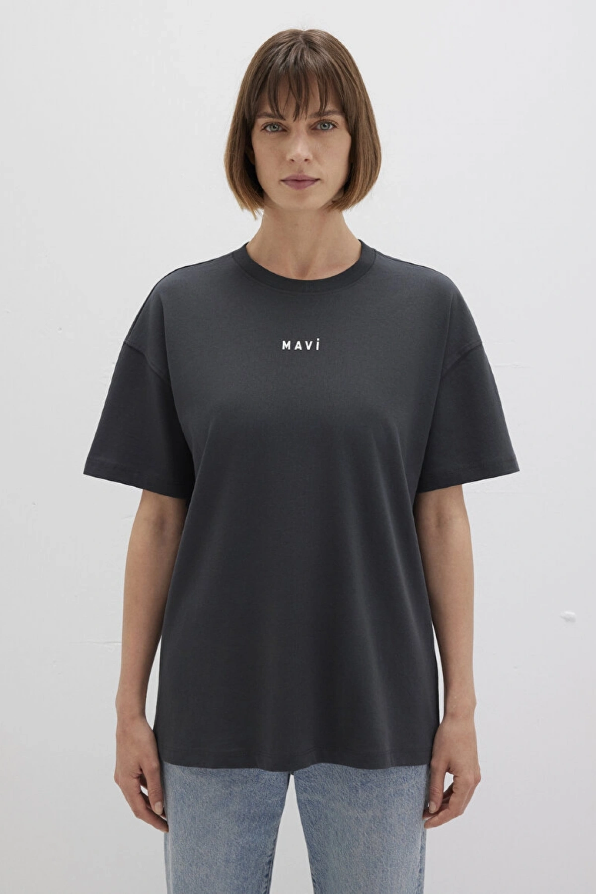Mavi Logo Baskılı Antrasit Tişört