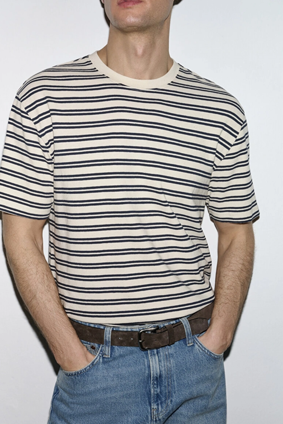 Lacivert Çizgili Ekru Tişört