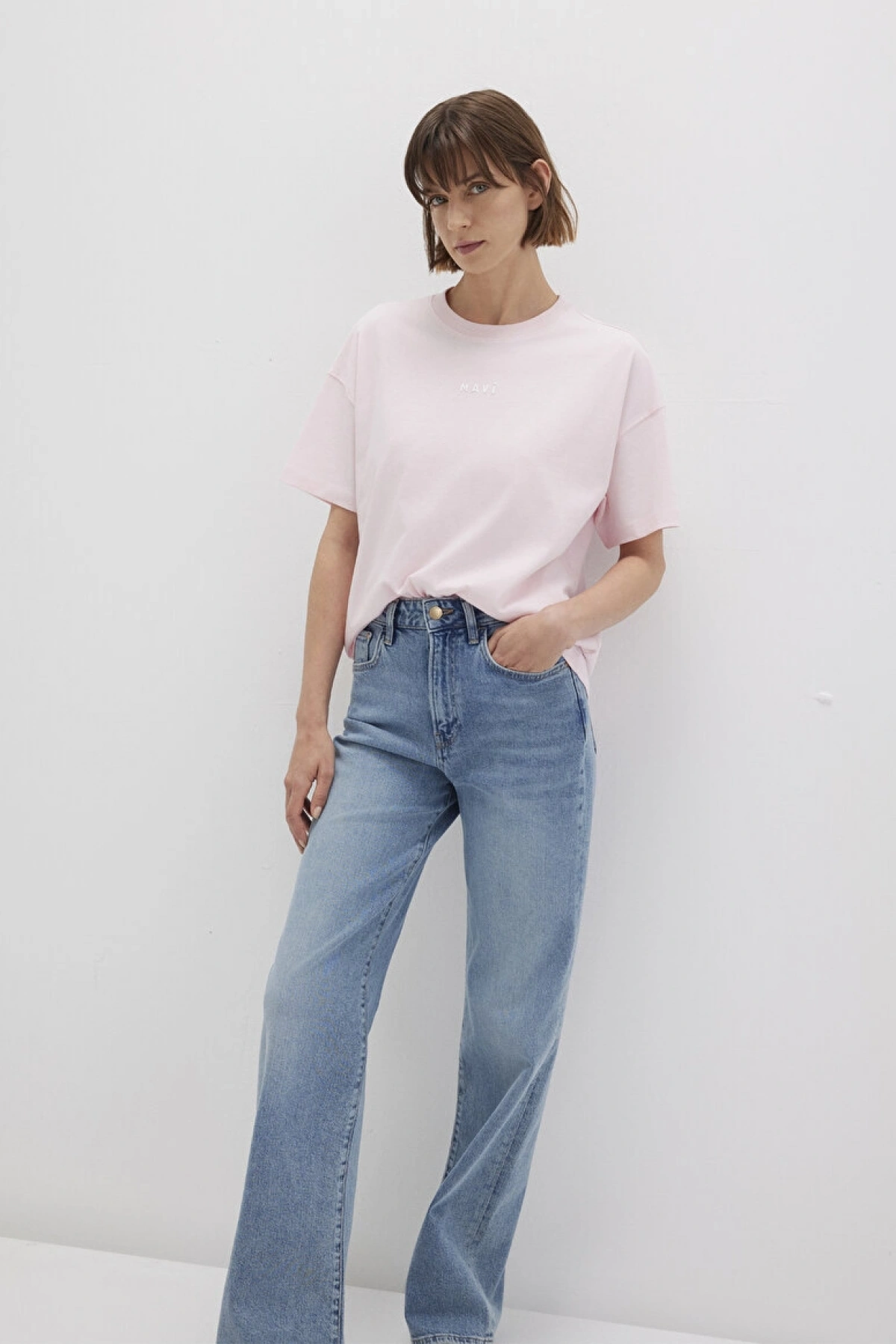 Mavi Baskılı Pembe Tişört