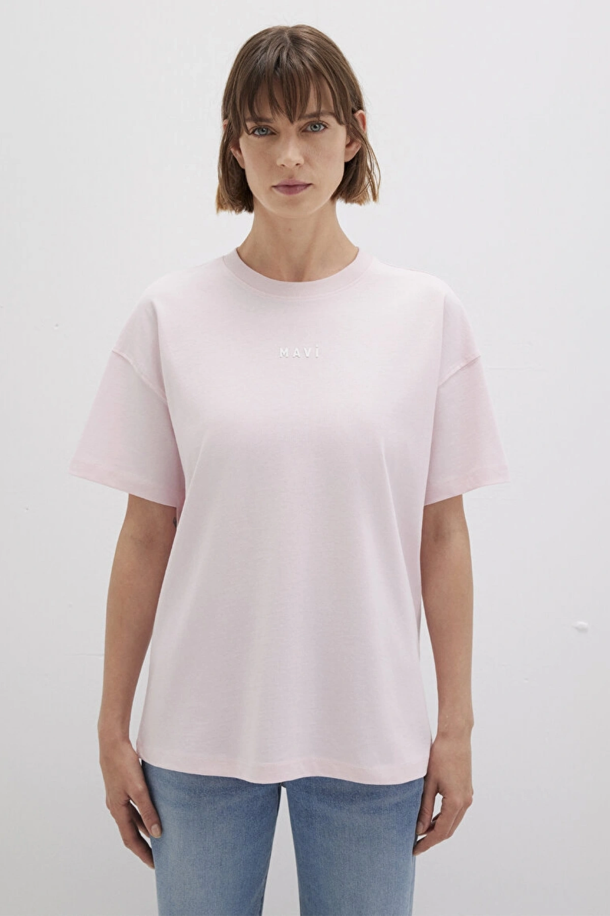 Mavi Baskılı Pembe Tişört