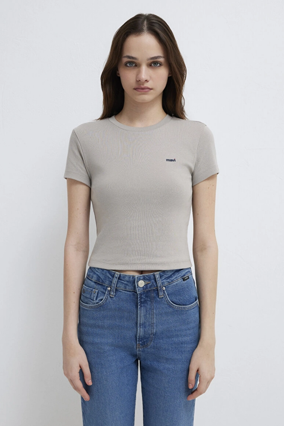 Mavi Logo Baskılı Gri Tişört