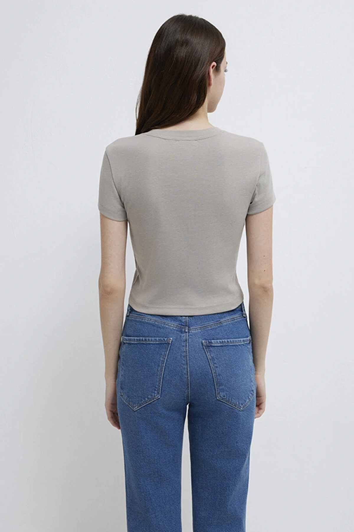 Mavi Logo Baskılı Gri Tişört