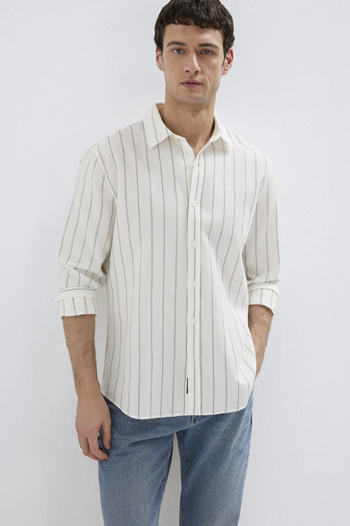 Haki Çizgili Ekru Gömlek