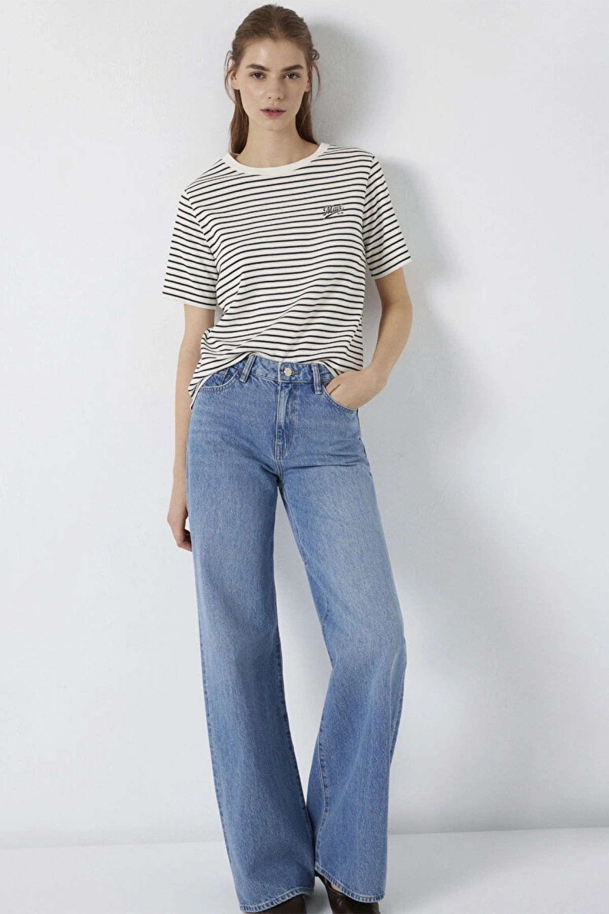 Mavi Logo Baskılı Çizgili Tişört