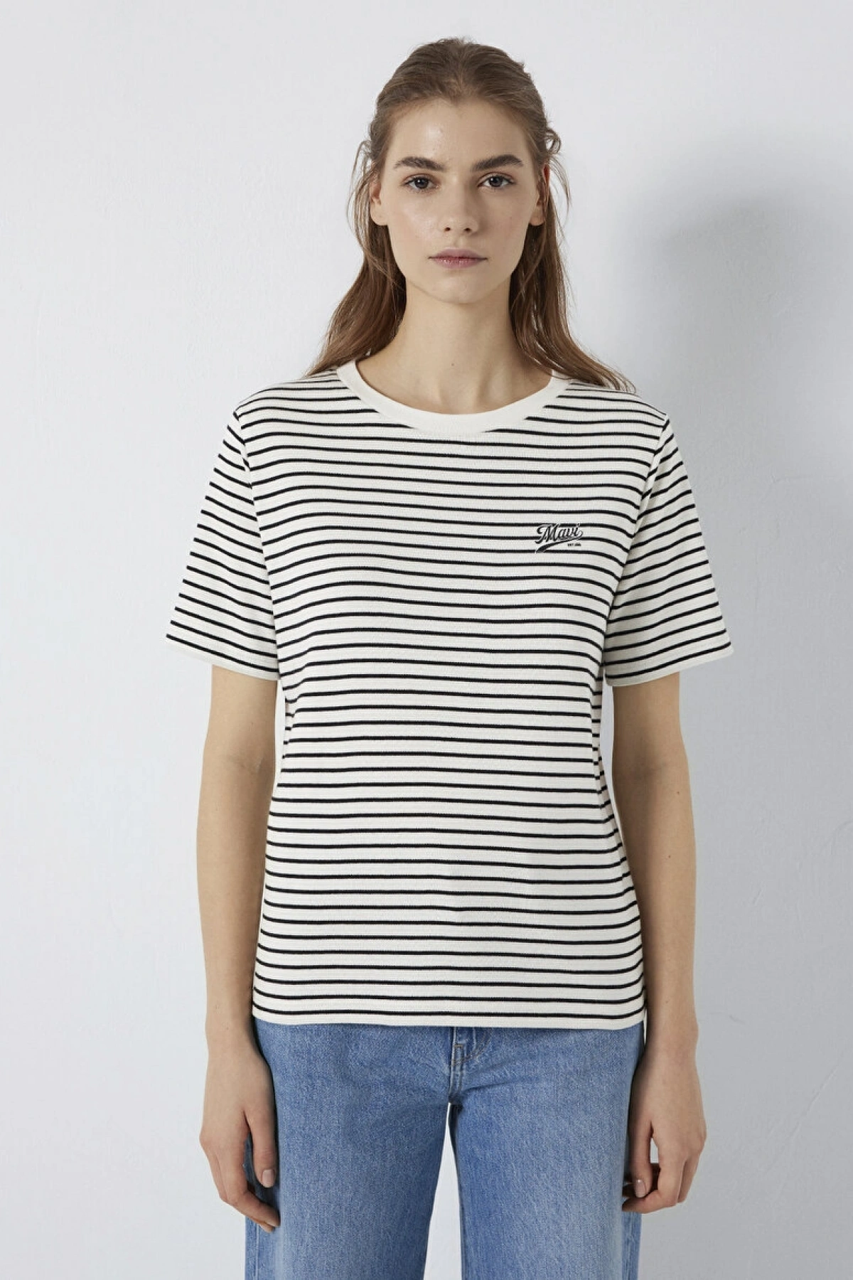 Mavi Logo Baskılı Çizgili Tişört