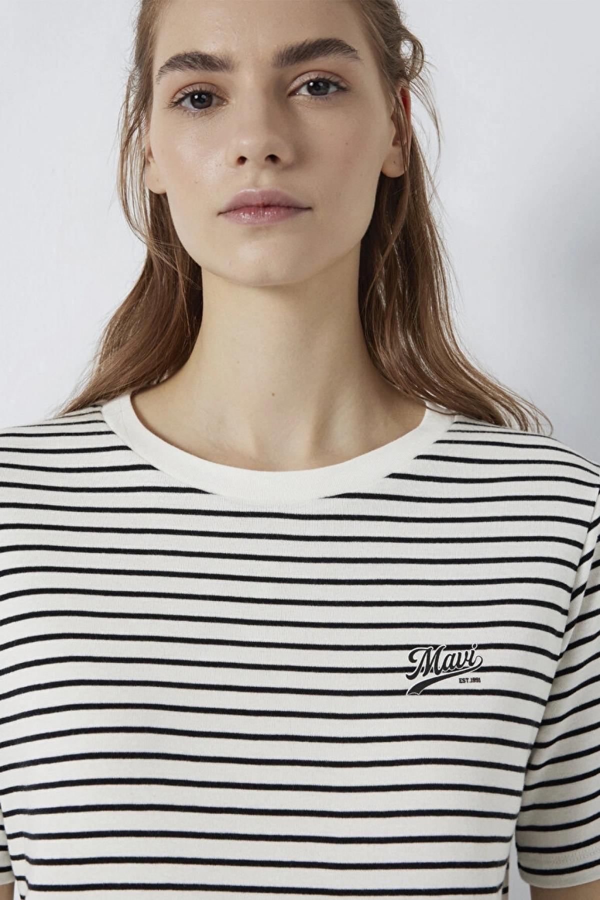 Mavi Logo Baskılı Çizgili Tişört