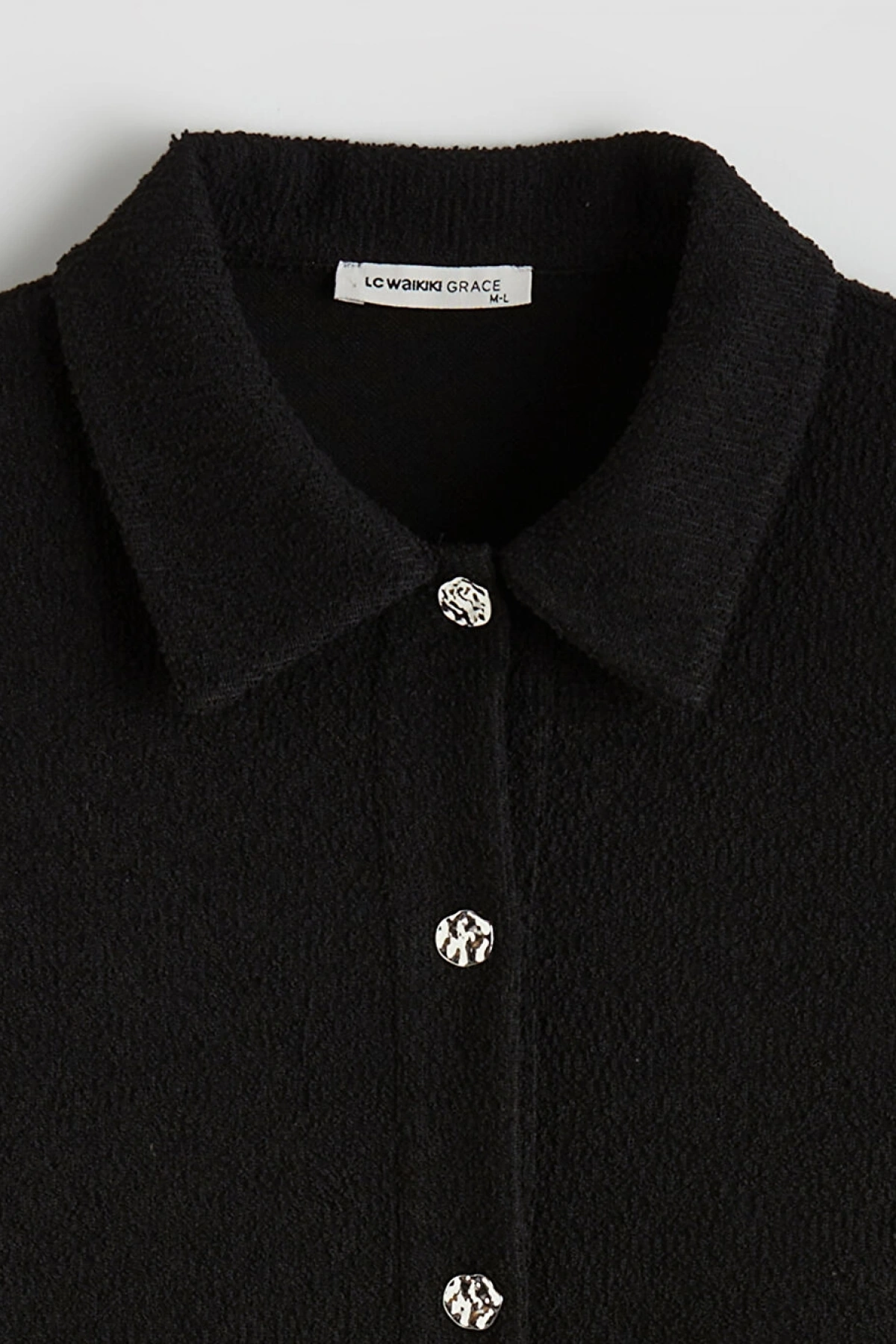 LCW Grace Siyah Gömlek Yaka Dokulu Kadın Triko Hırka