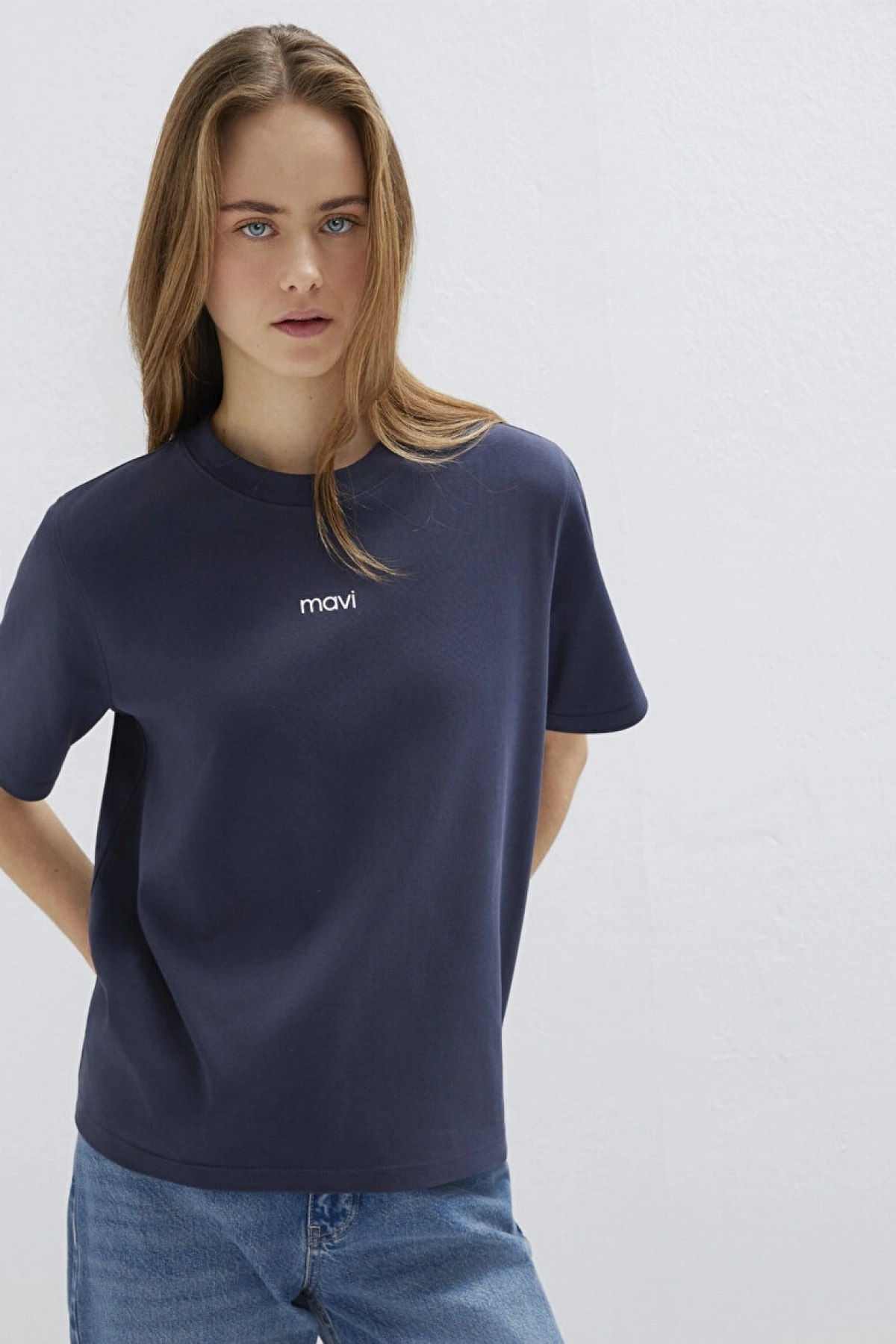 Mavi Logo Baskılı İnterlok Lacivert Tişört