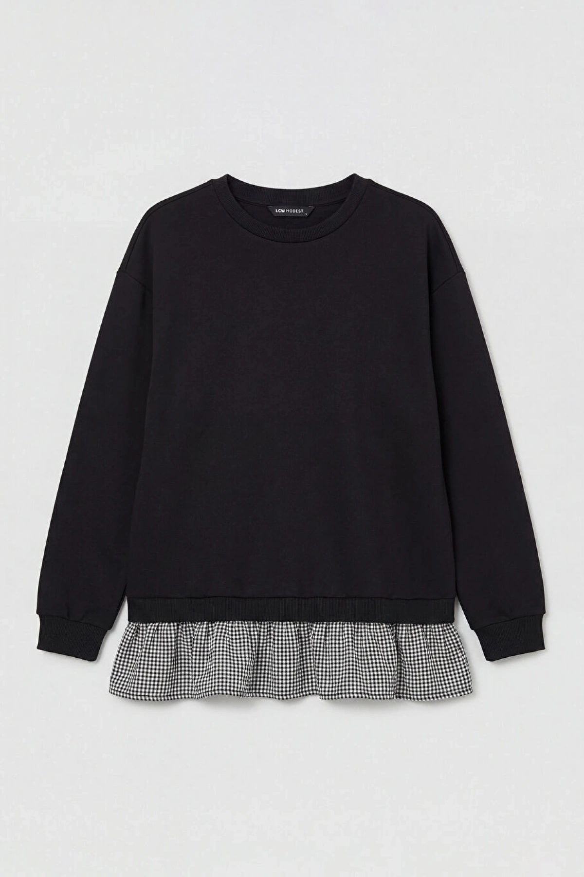 LCW Modest Siyah Bisiklet Yaka Ekose Kadın Sweatshirt Tunik