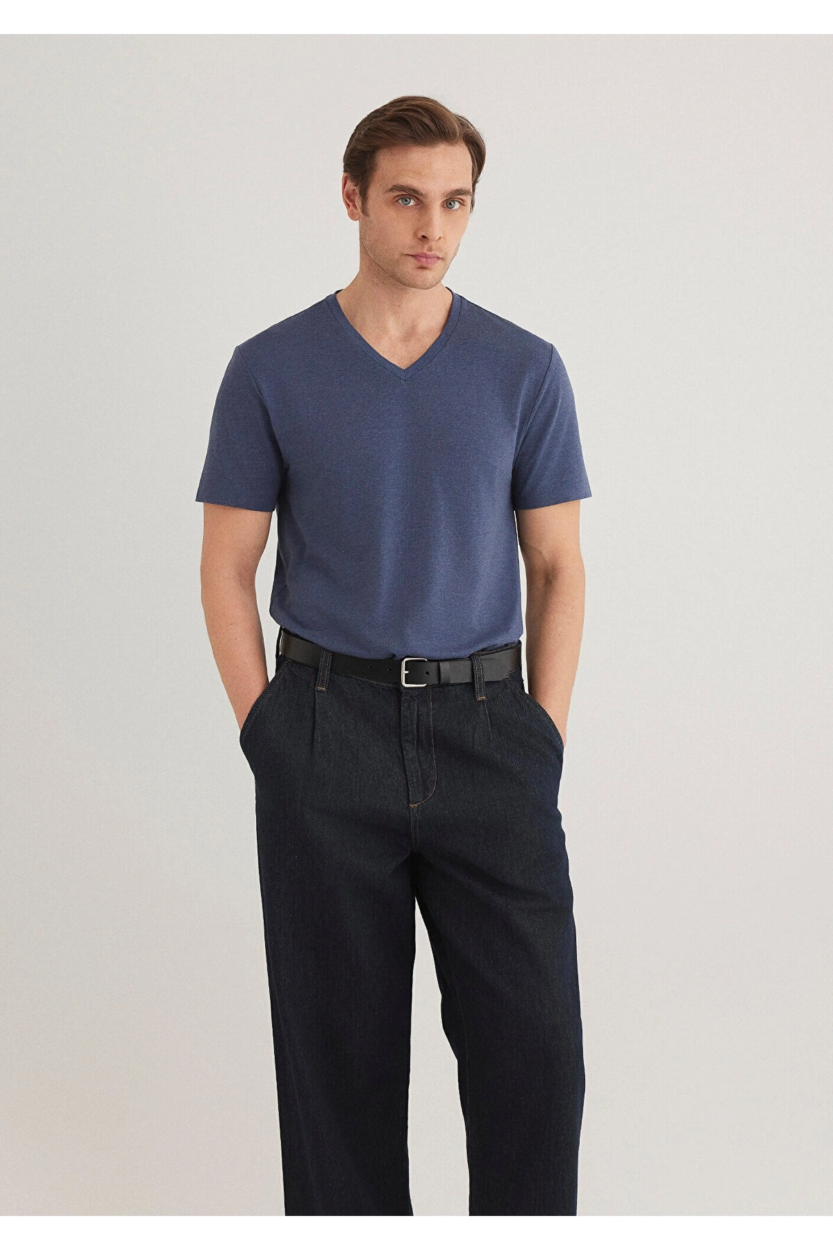 Mavi Stretch V Yaka Basic Tişört Fitted / Vücuda Oturan Kesim