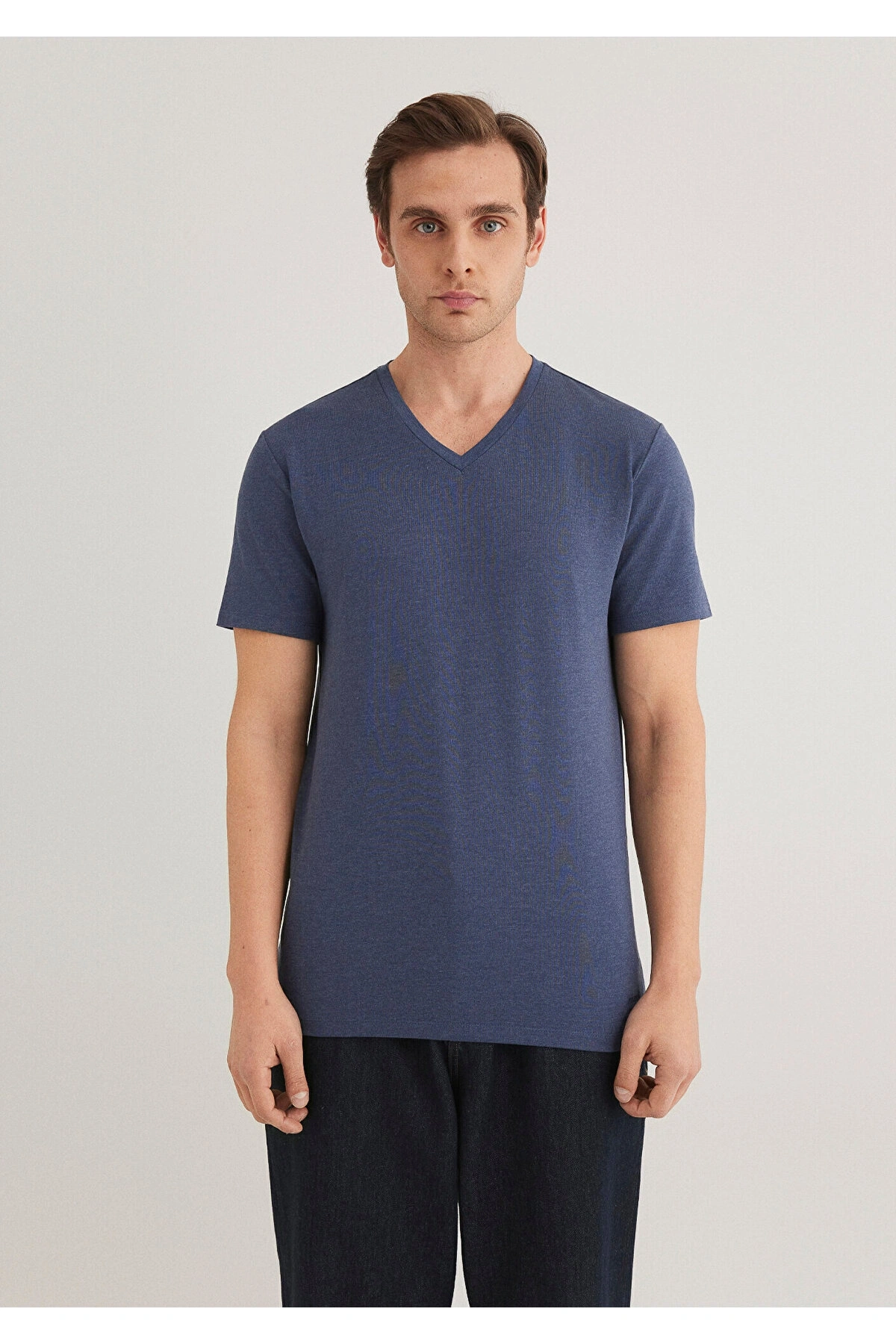 Mavi Stretch V Yaka Basic Tişört Fitted / Vücuda Oturan Kesim