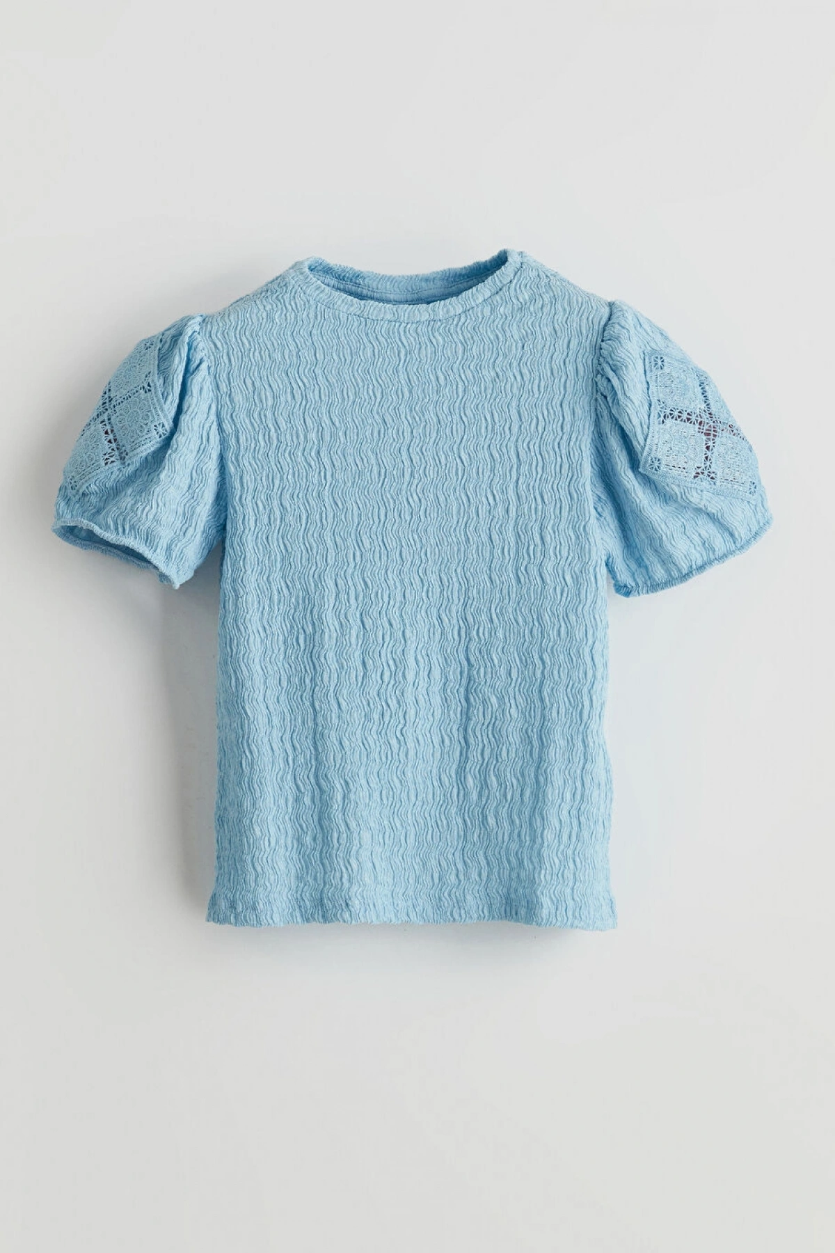 LCW Kids Mavi Bisiklet Yaka Dokulu Kız Çocuk Tişört