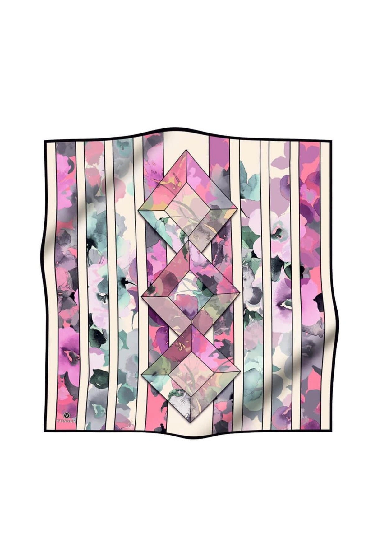 Vissona %100 Twill İpek Bahar Çiçekleri Desenli Lila - Su Yeşili Renkli 90x90 Eşarp Kenar Dikiş Şekli El Dik