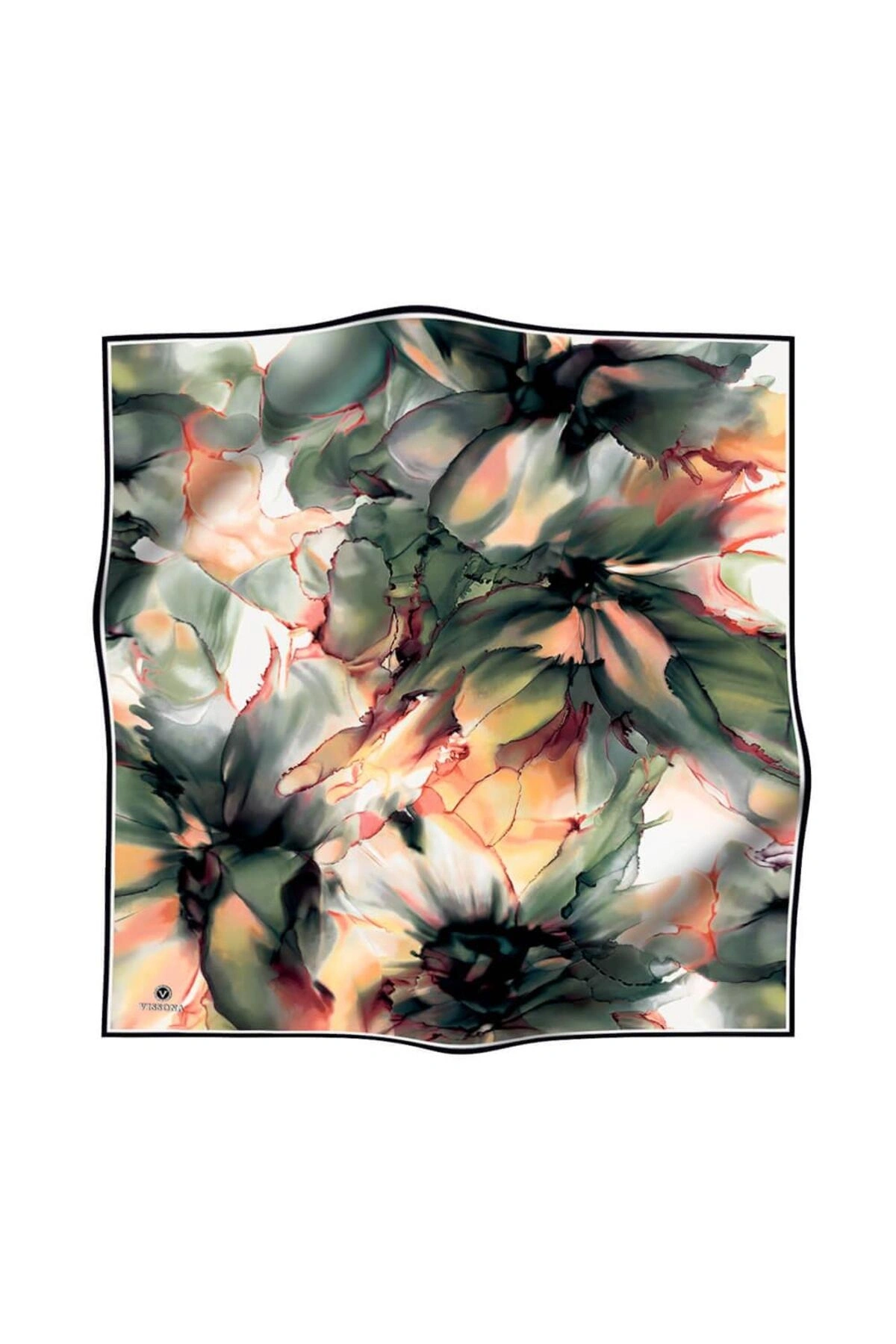 Vissona %100 Twill İpek Batik Çiçek Desenli Zümrüt Yeşili - Hardal Renkli 90x90 Eşarp Kenar Dikiş Şekli