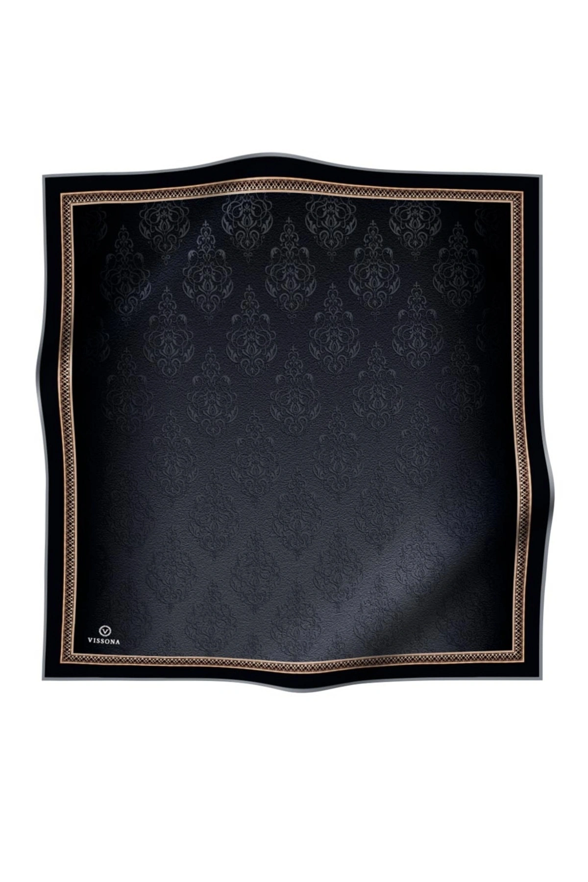 %100 Twill Barok Desenli Siyah Renkli 90x90 Eşarp Dikim Şekli: El Dikişi