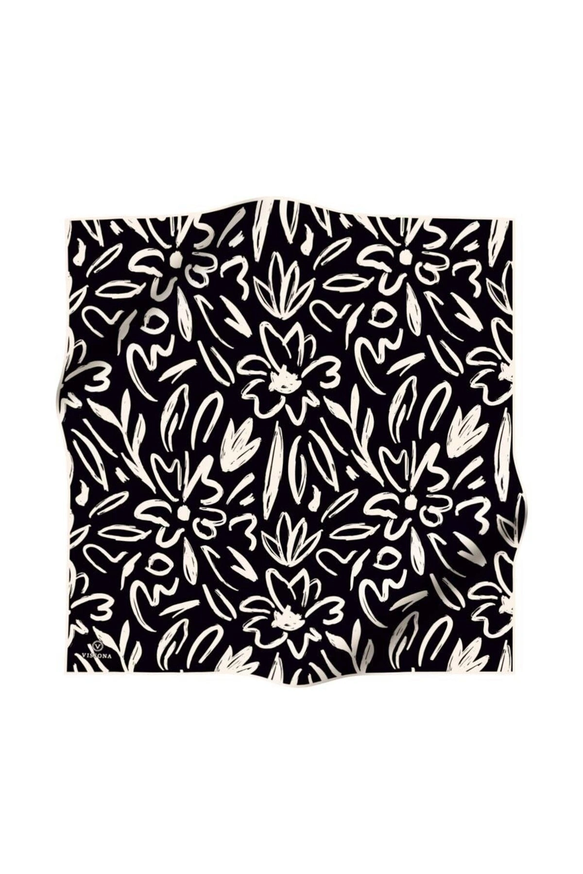 Vissona %100 Twill İpek Büyük Çiçek Desenli Siyah - Krem Renkli 90x90 Eşarp Dikim Şekli : El Dikişi