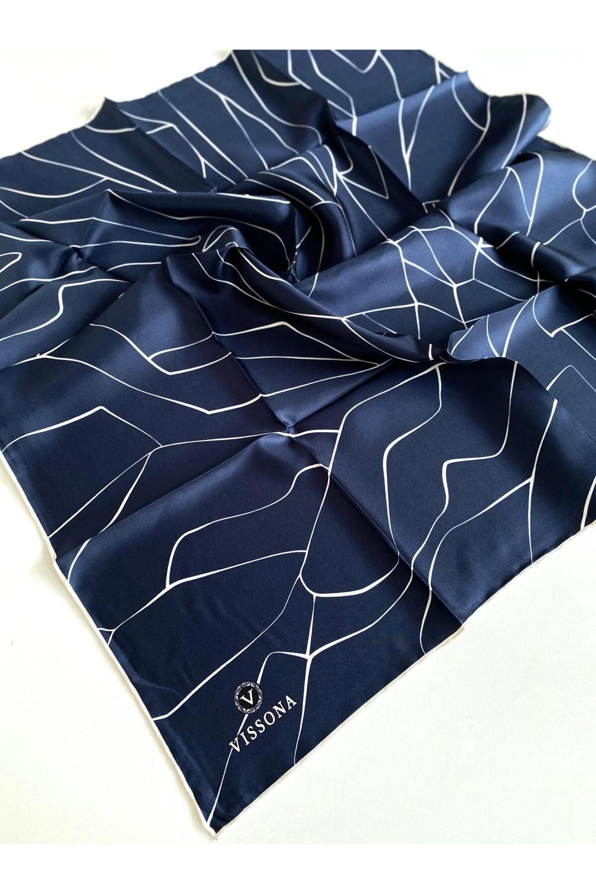Vissona Tivil İpek Eşarp Lacivert Karışık Desen