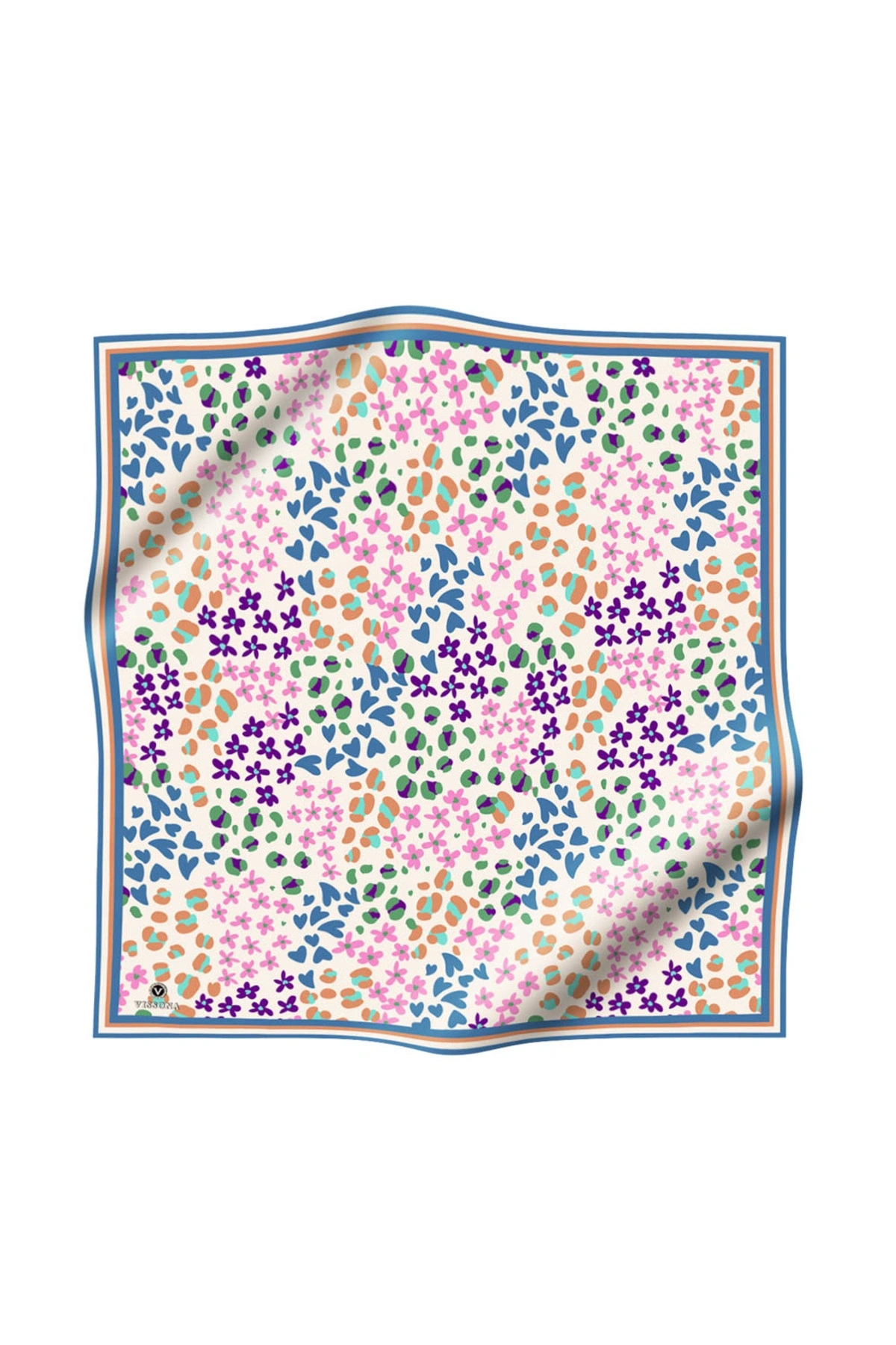 Vissona %100 Twill İpek Kalpli Leopar Desenli İndigo - Pembe Renkli 90x90 Eşarp Dikim Şekli : El Dikişi