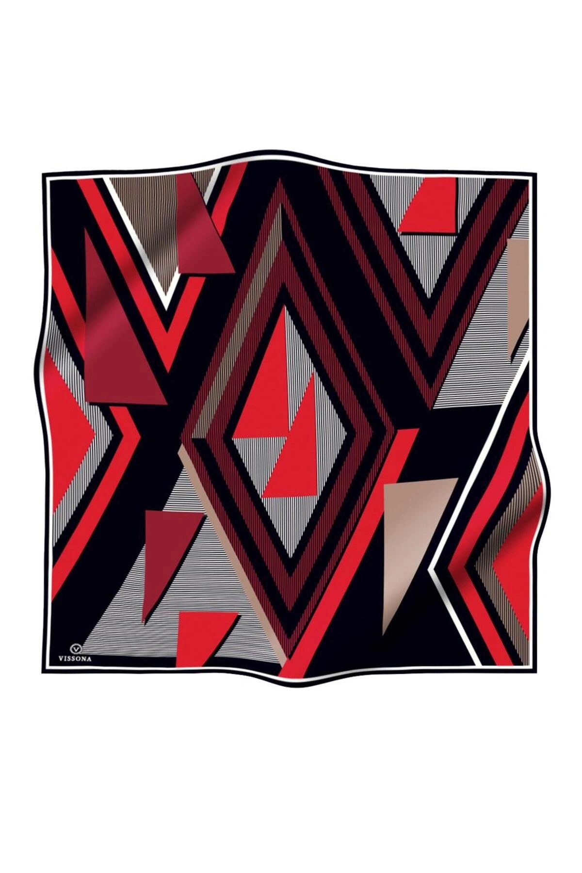 Vissona %100 Twill İpek Geometrik Desenli Bordo - Siyah Renkli 90x90 Eşarp Dikim Şekli : El Dikişi