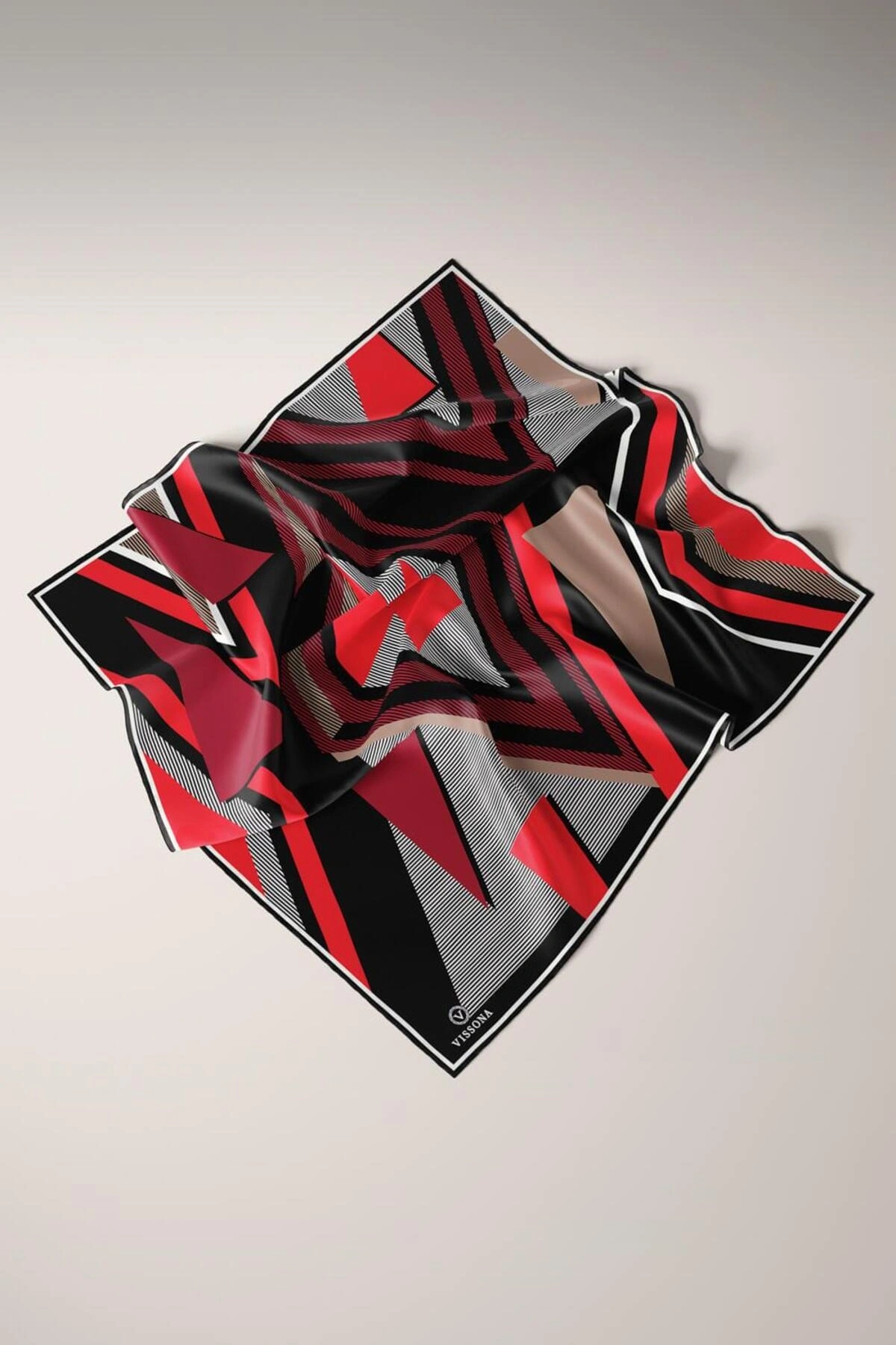 Vissona %100 Twill İpek Geometrik Desenli Bordo - Siyah Renkli 90x90 Eşarp Dikim Şekli : El Dikişi