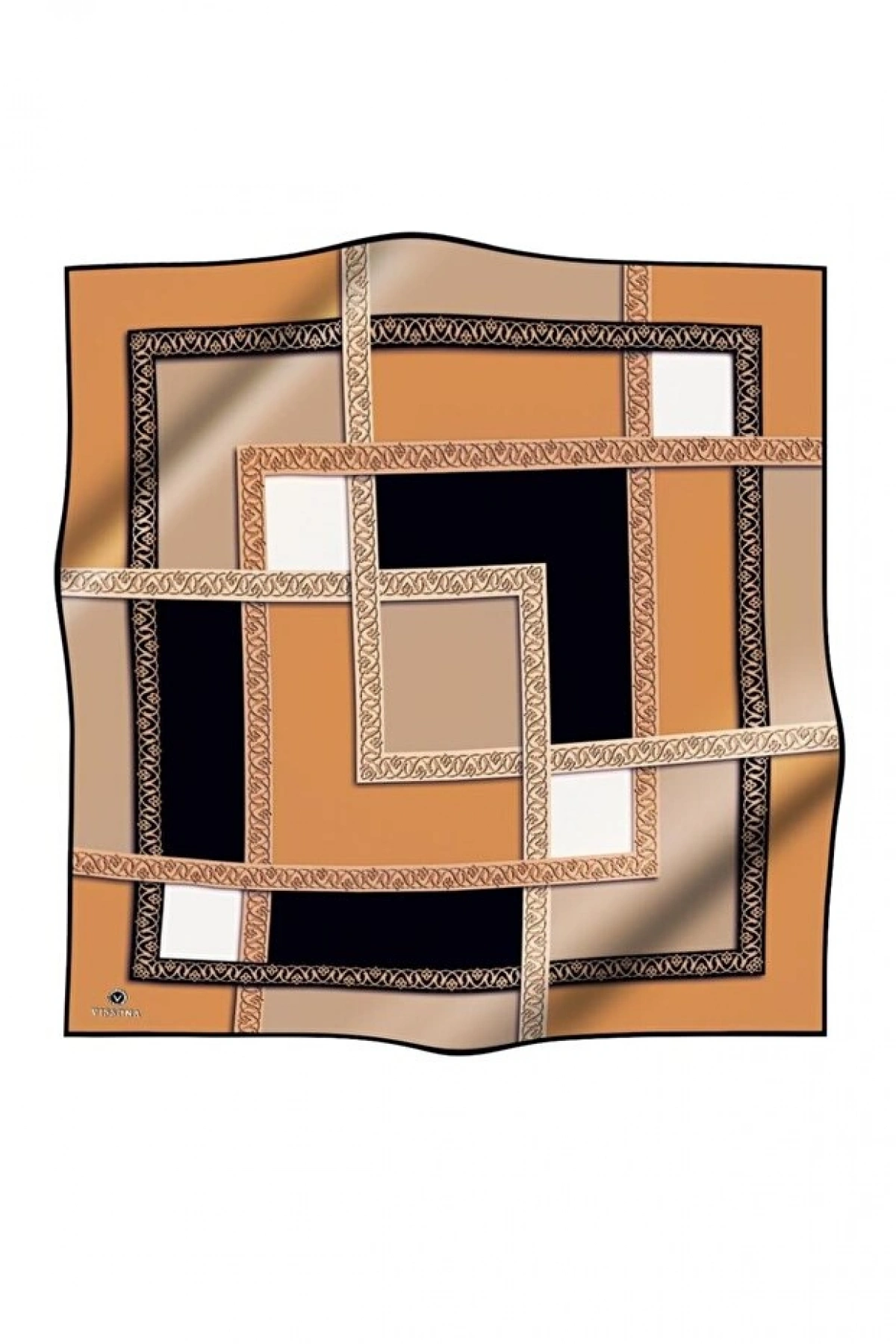 Vissona %100 Twill İpek Geometrik Desenli Gold - Siyah Renkli 90x90 Eşarp Dikim Şekli : El Dikişi