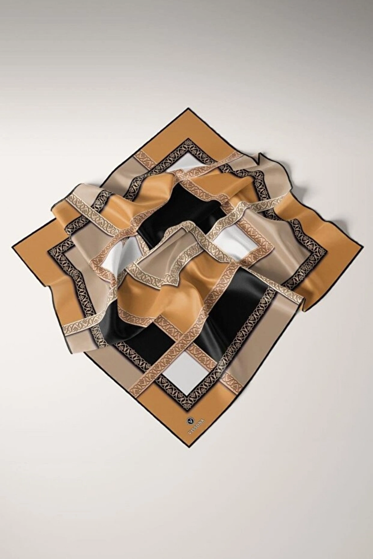 Vissona %100 Twill İpek Geometrik Desenli Gold - Siyah Renkli 90x90 Eşarp Dikim Şekli : El Dikişi