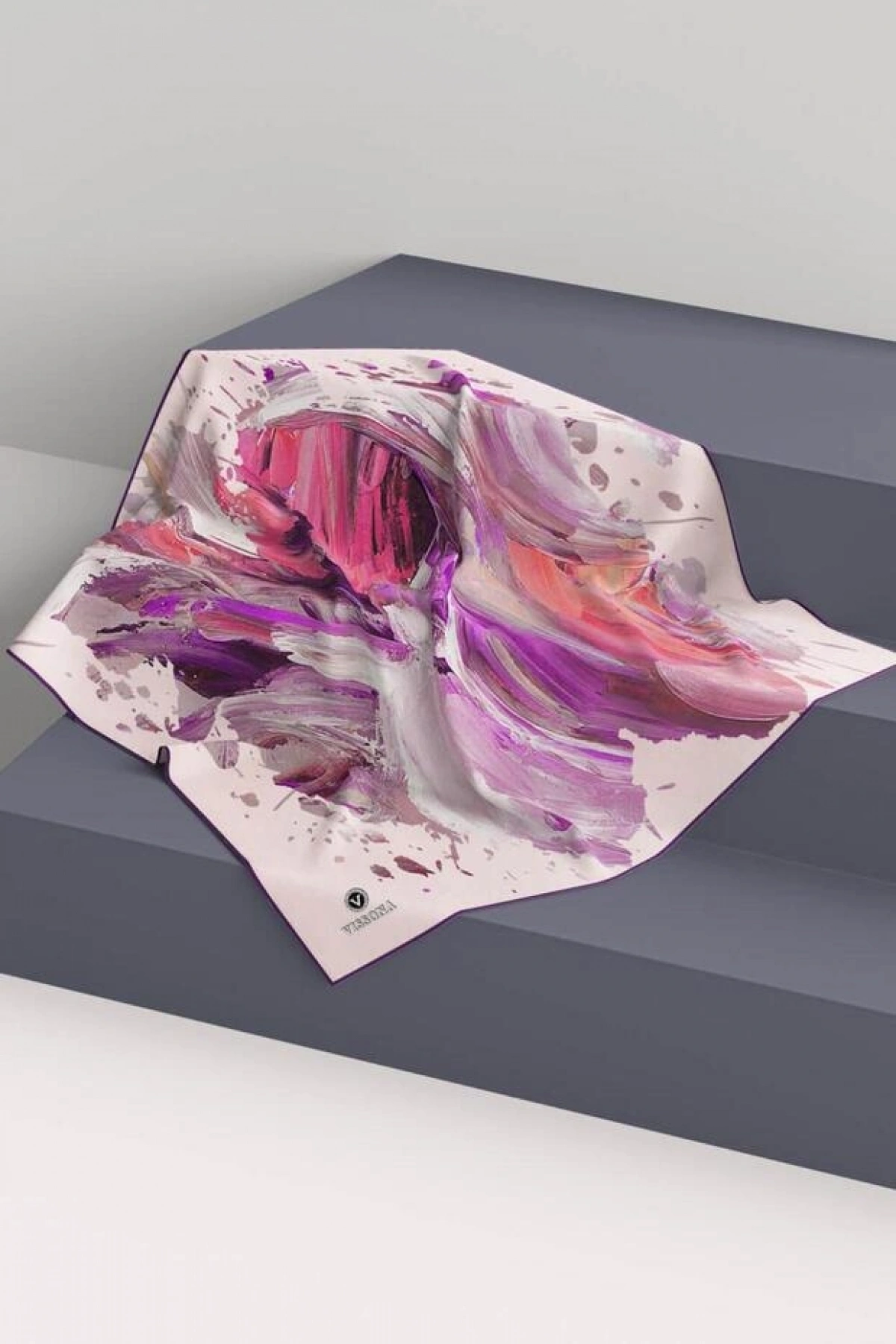 Vissona %100 Twill İpek Fırça Darbesi Desenli Mor - Pembe Renkli 90x90 Eşarp Dikim Şekli : El Dikişi