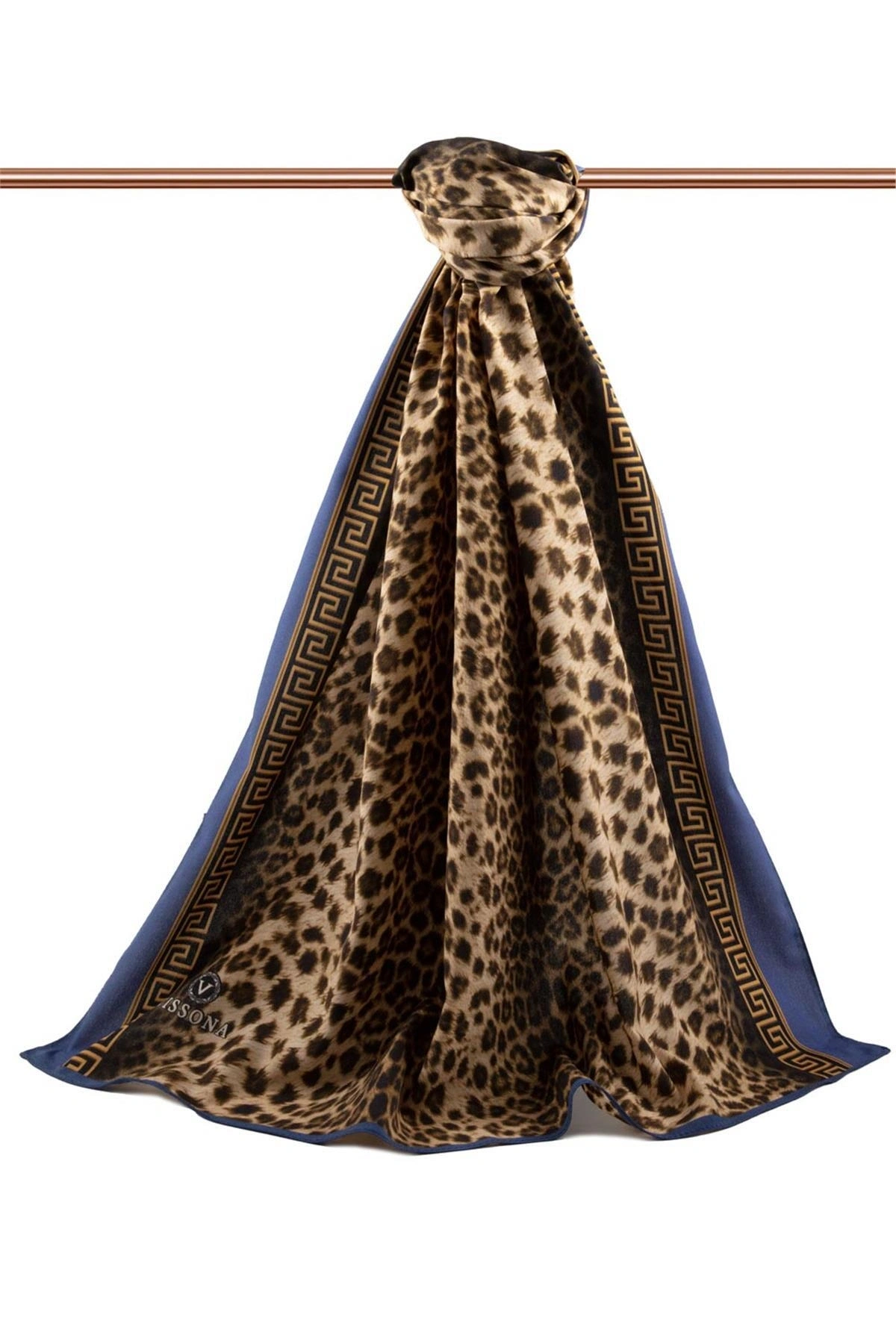 LÜKS MEDİNE BAROK BARDÜRLÜ LEOPAR DESENLİ HARDAL - İNDİGO RENKLİ 75X195 KIRIŞMAZ ŞAL MOSS KREP DİKİŞ