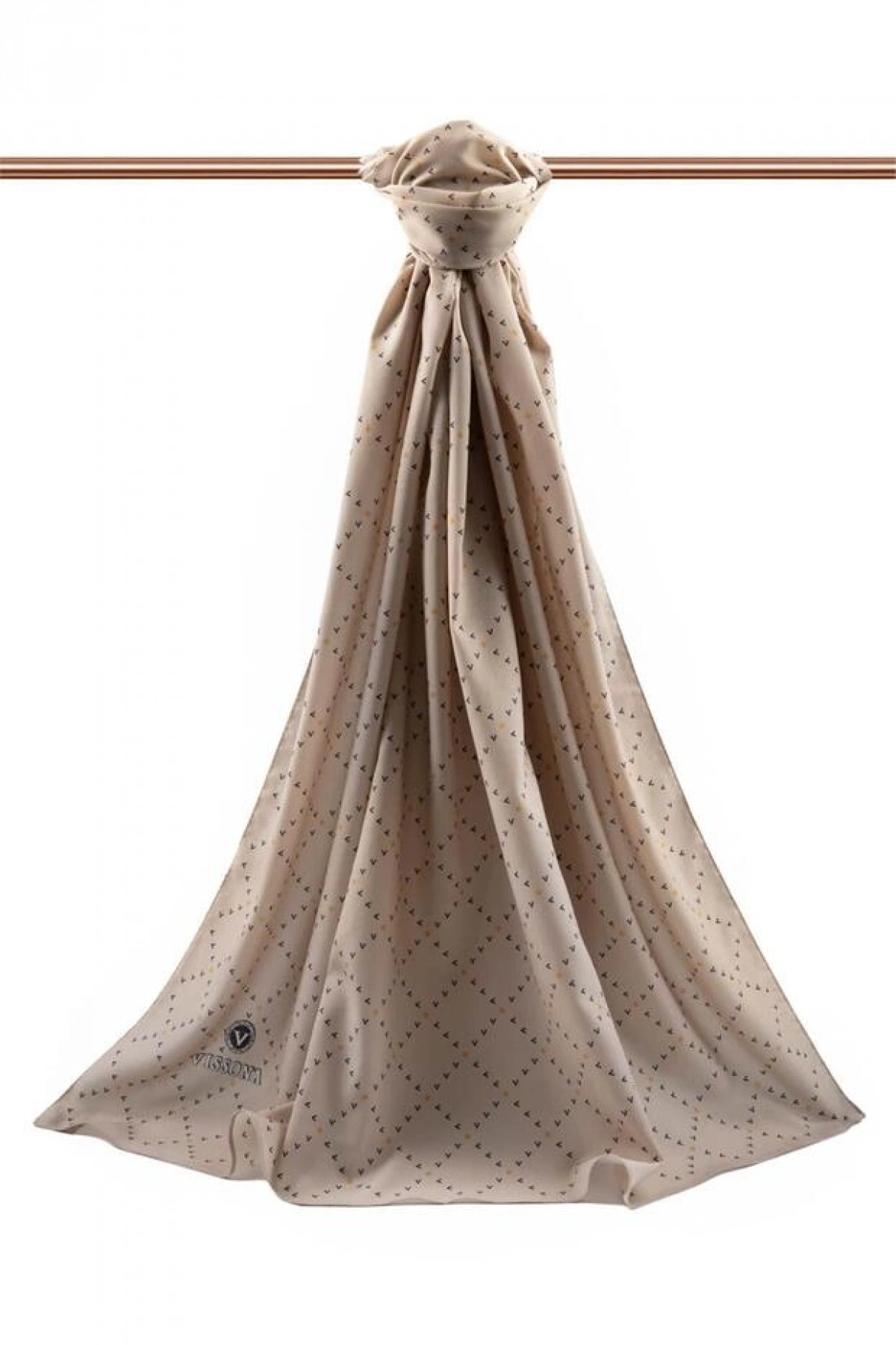 Vissona LÜKS MEDİNE İPEĞİ V DESENLİ BEJ RENKLİ 75X195 KIRIŞMAZ ŞAL MOSS KREP DİKİŞ TİPİ İTALYAN DİKİŞLİ